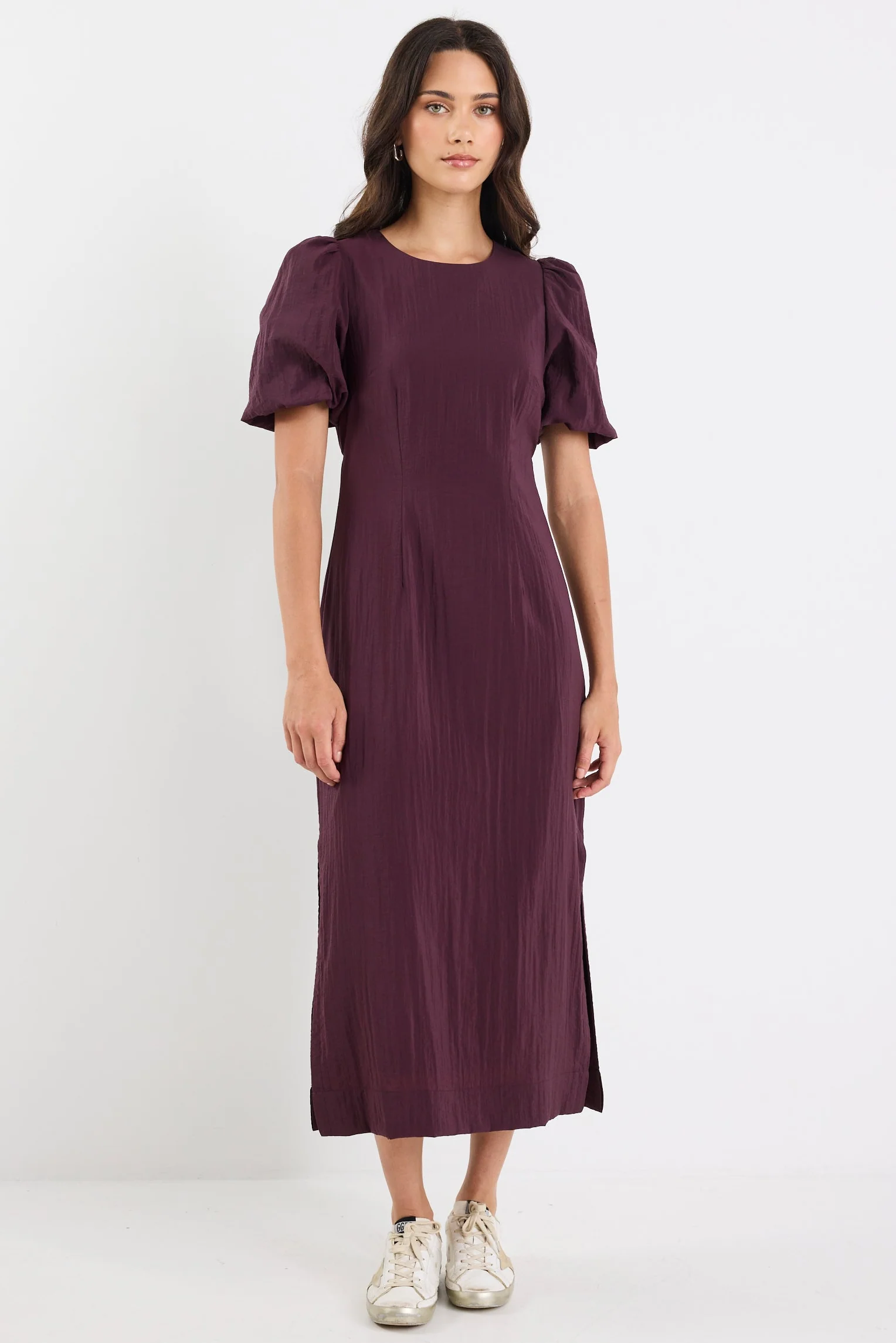 Elder Plum Short Puff Sleeve Tie Midi Dress
