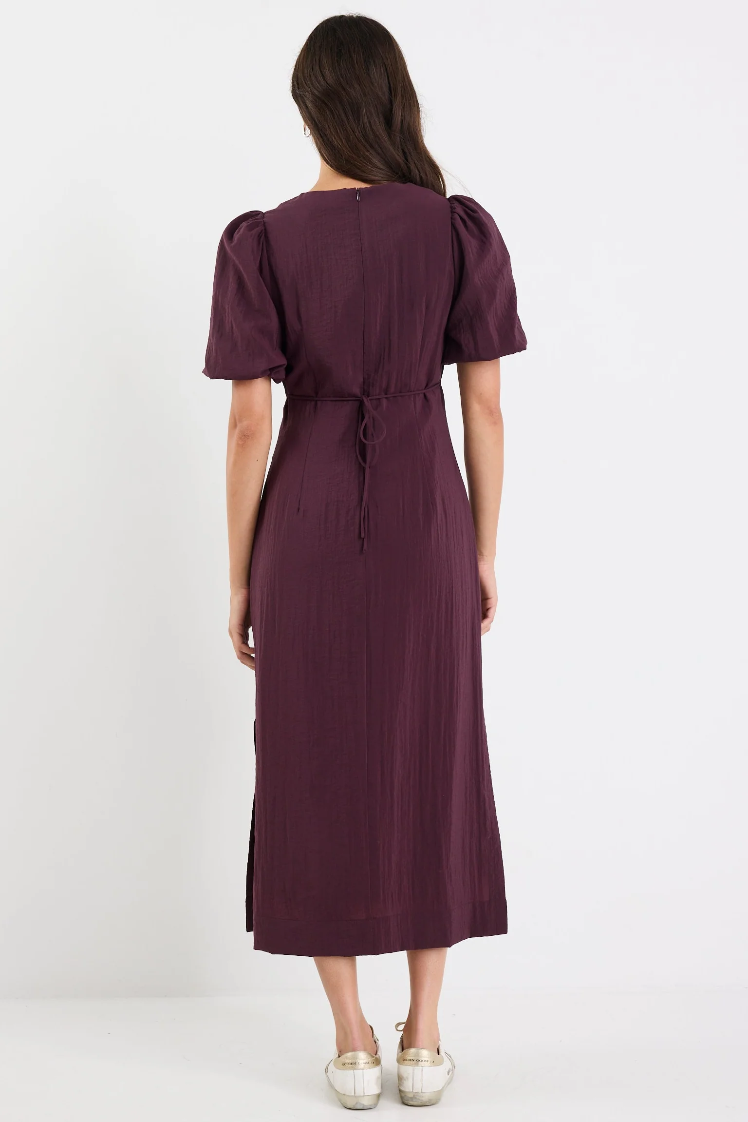 Elder Plum Short Puff Sleeve Tie Midi Dress - Image 4
