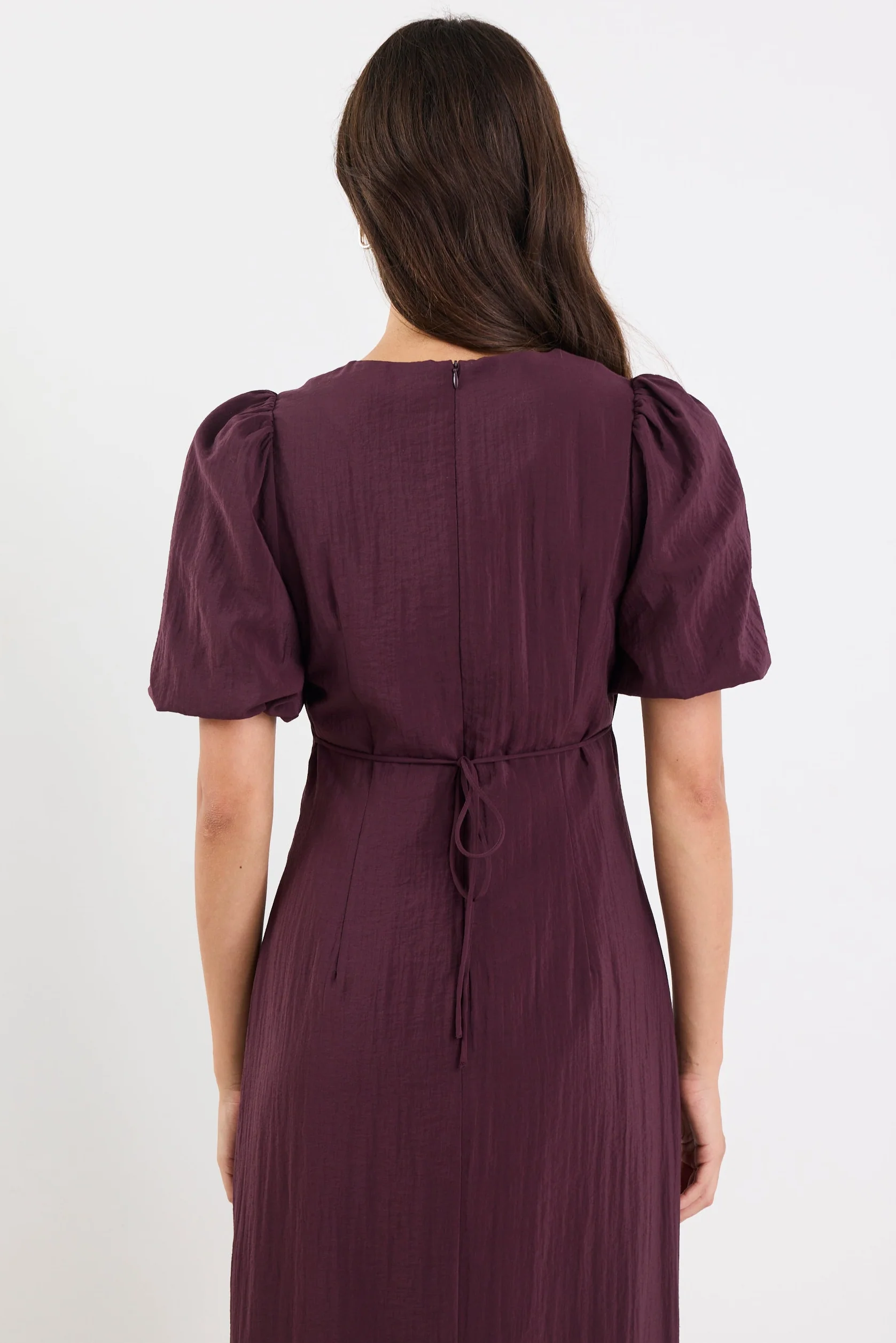 Elder Plum Short Puff Sleeve Tie Midi Dress - Image 5