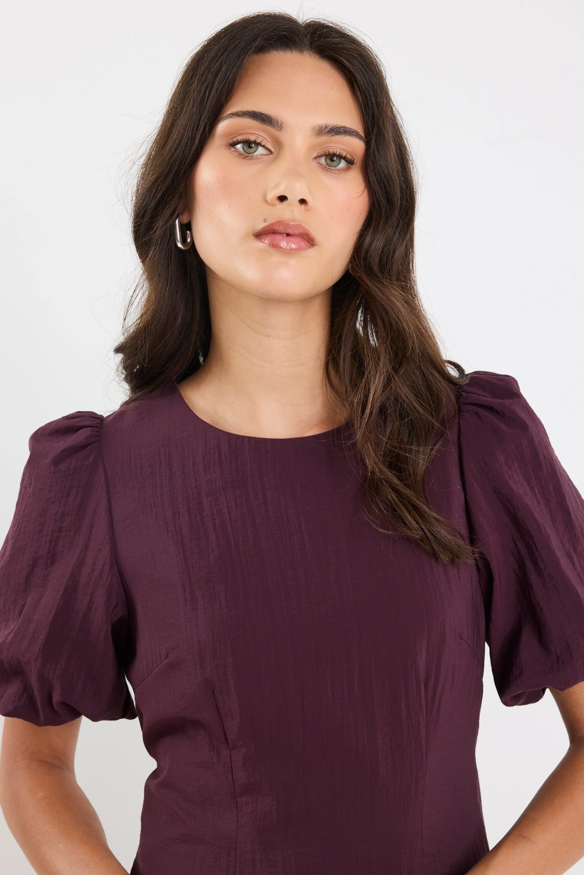 Elder Plum Short Puff Sleeve Tie Midi Dress - Image 6