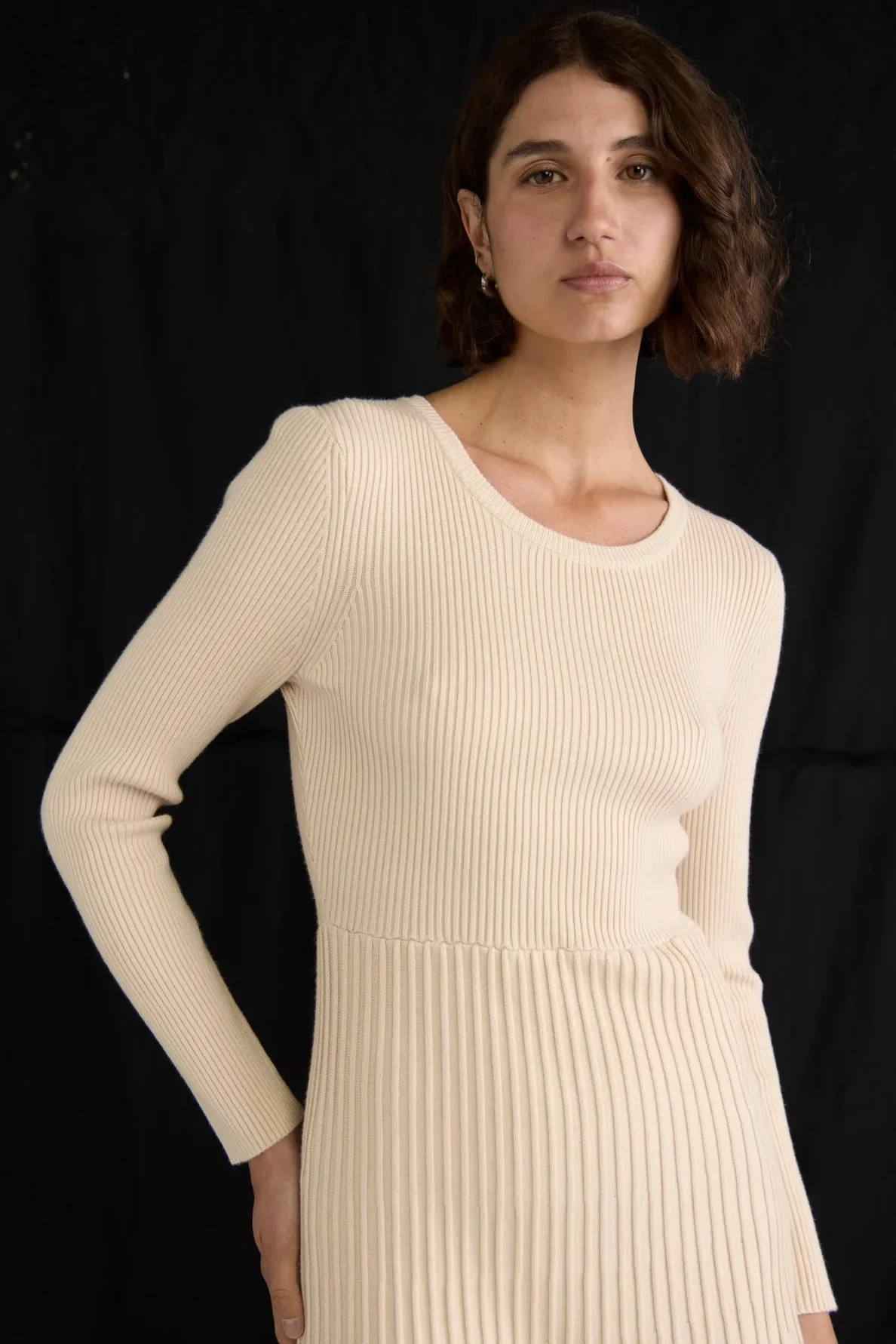 Elena Vanilla Rib Knit LS Midi Dress - Image 2