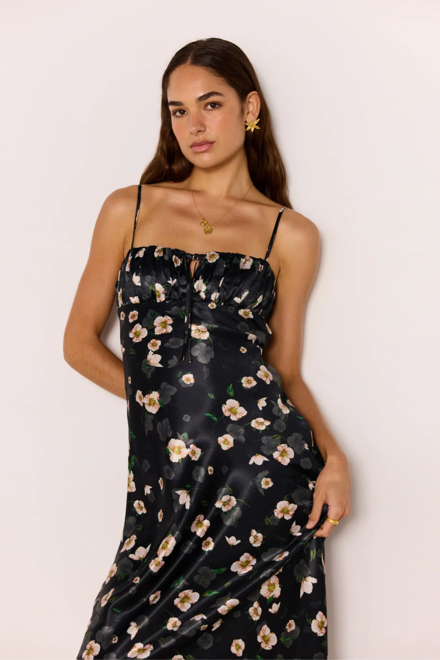 Elinor Black Floral Satin Bias Strappy Midi Dress - Image 2