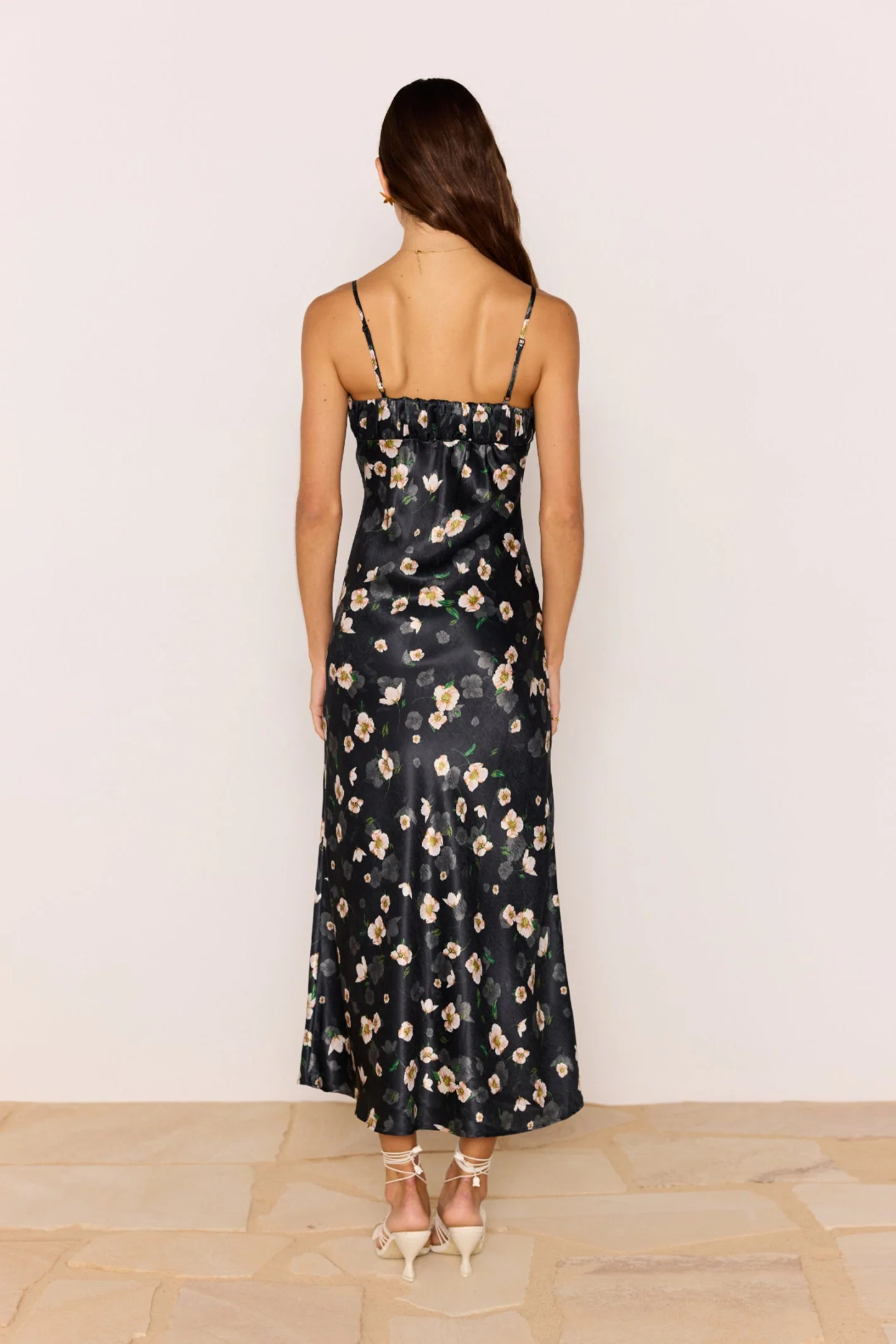 Elinor Black Floral Satin Bias Strappy Midi Dress - Image 4