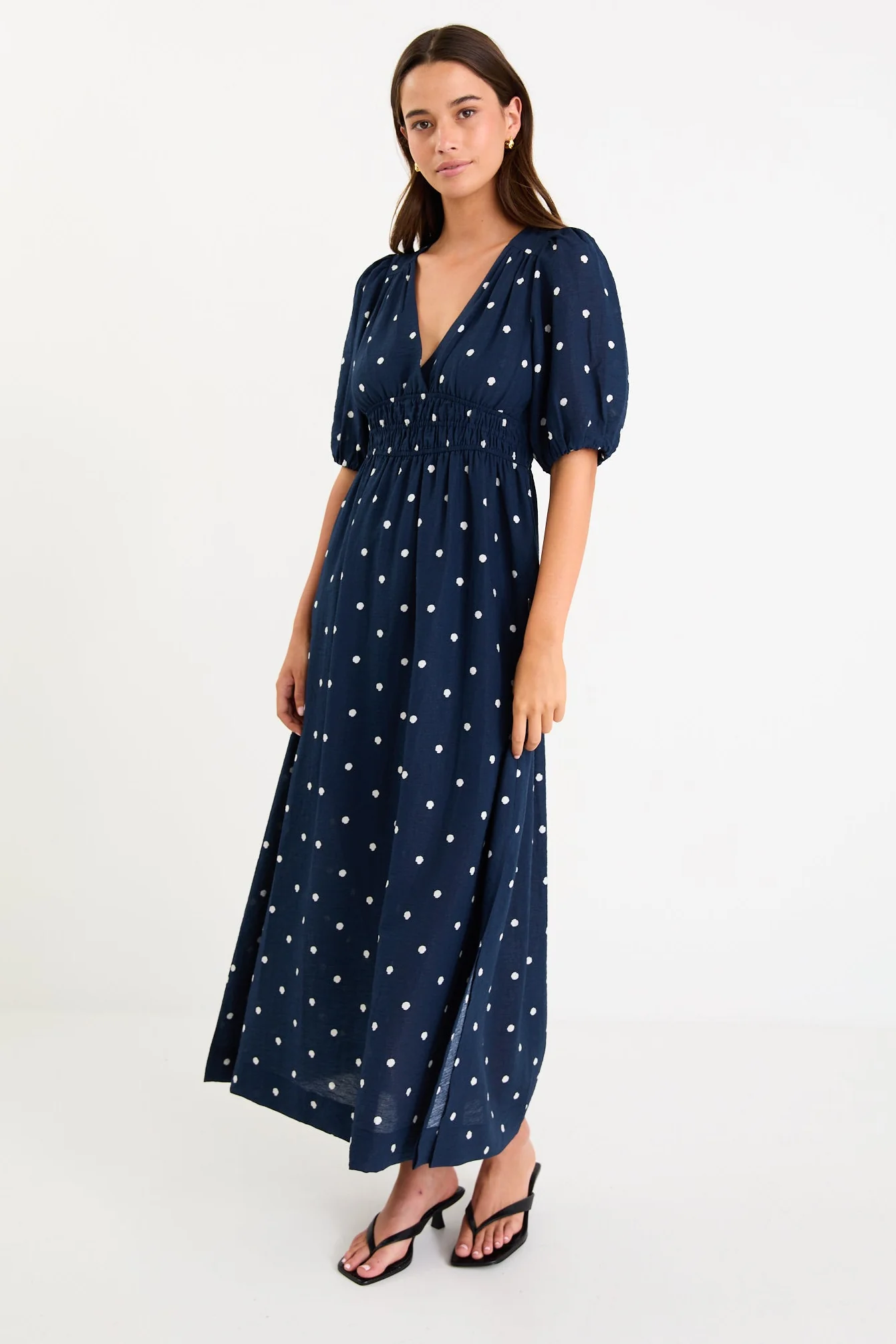 Eloquent Navy Polka Dot Puff Sleeve Maxi Dress