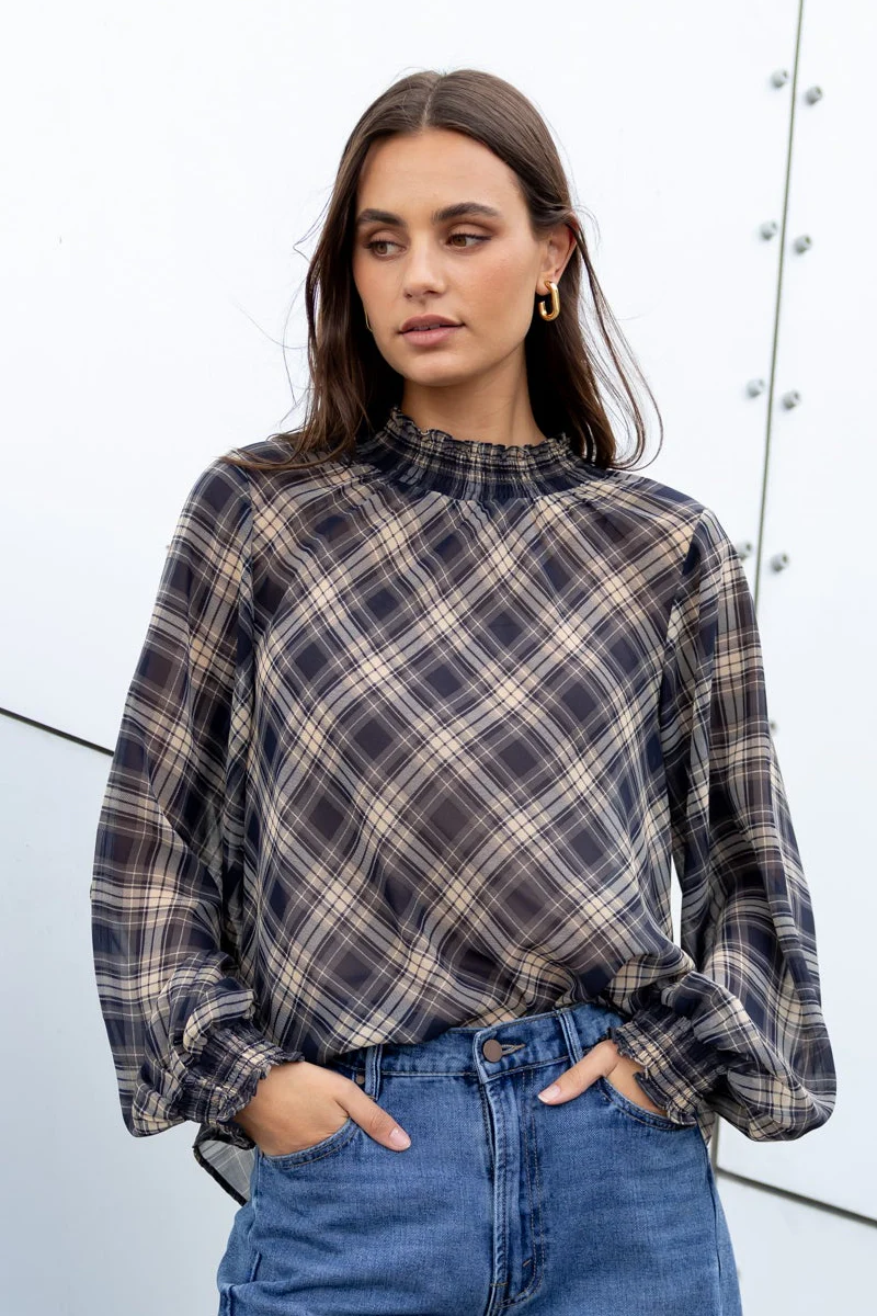 Embrace Black Check Chiffon Shirred Neck LS Top