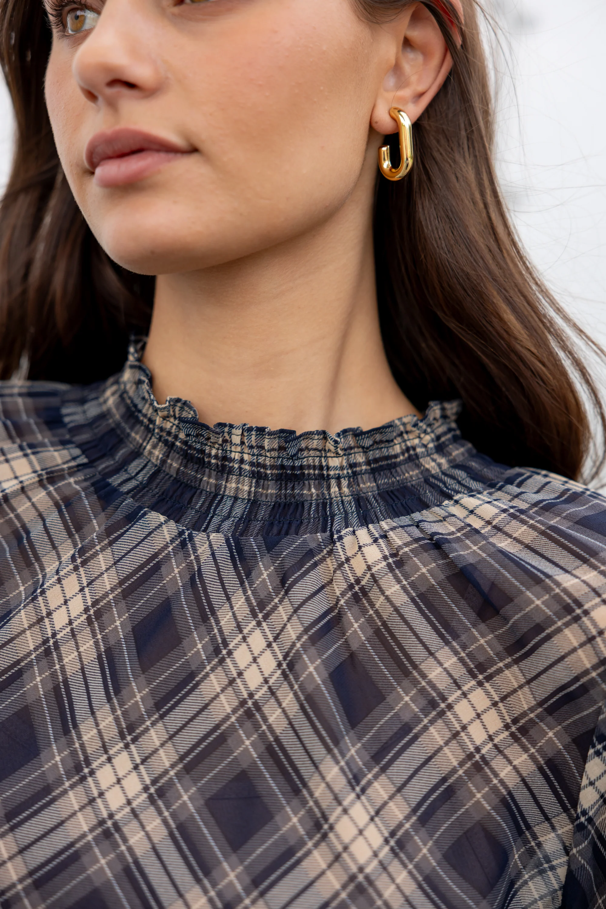 Embrace Black Check Chiffon Shirred Neck LS Top - Image 2