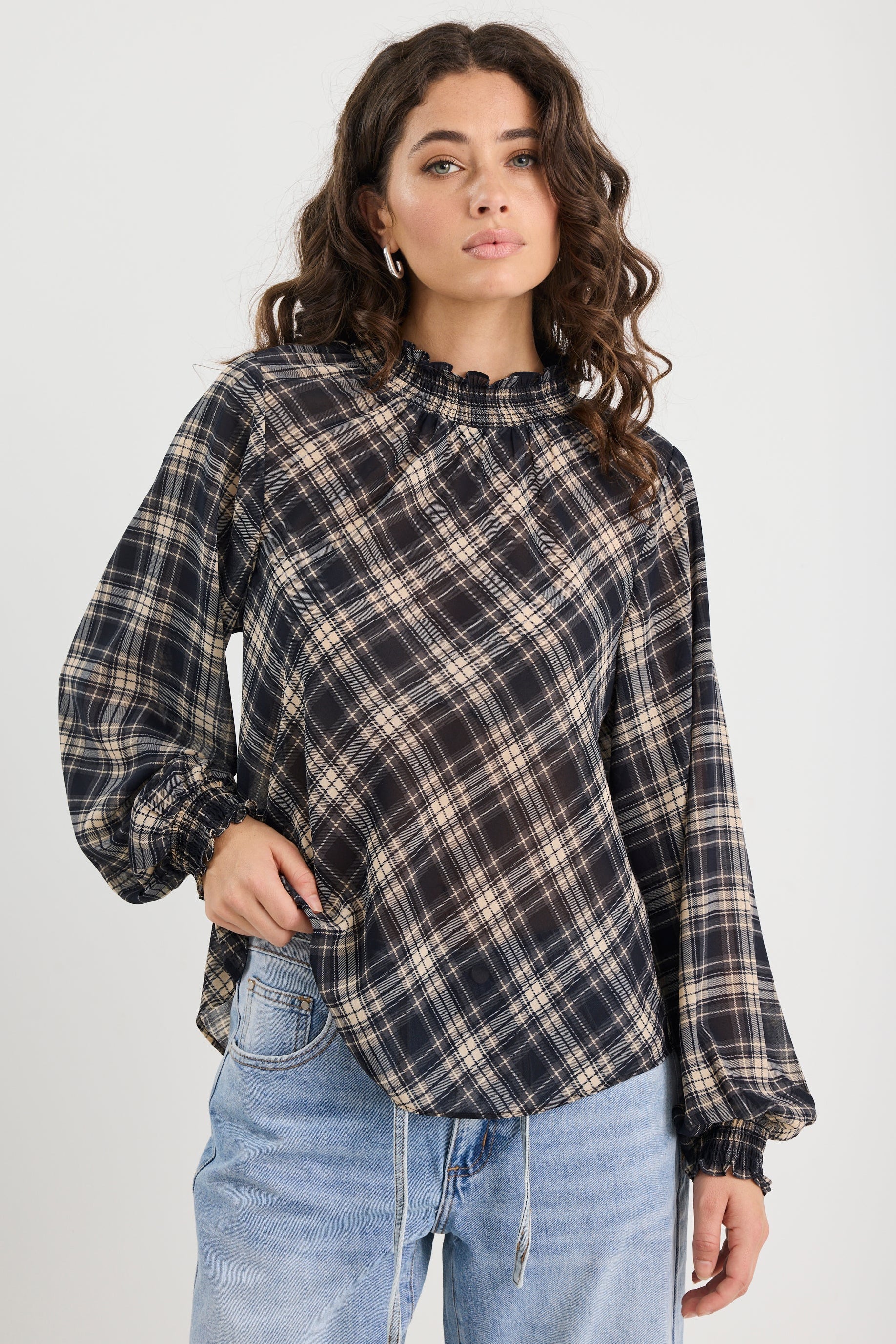 Embrace Black Check Chiffon Shirred Neck LS Top - Image 6