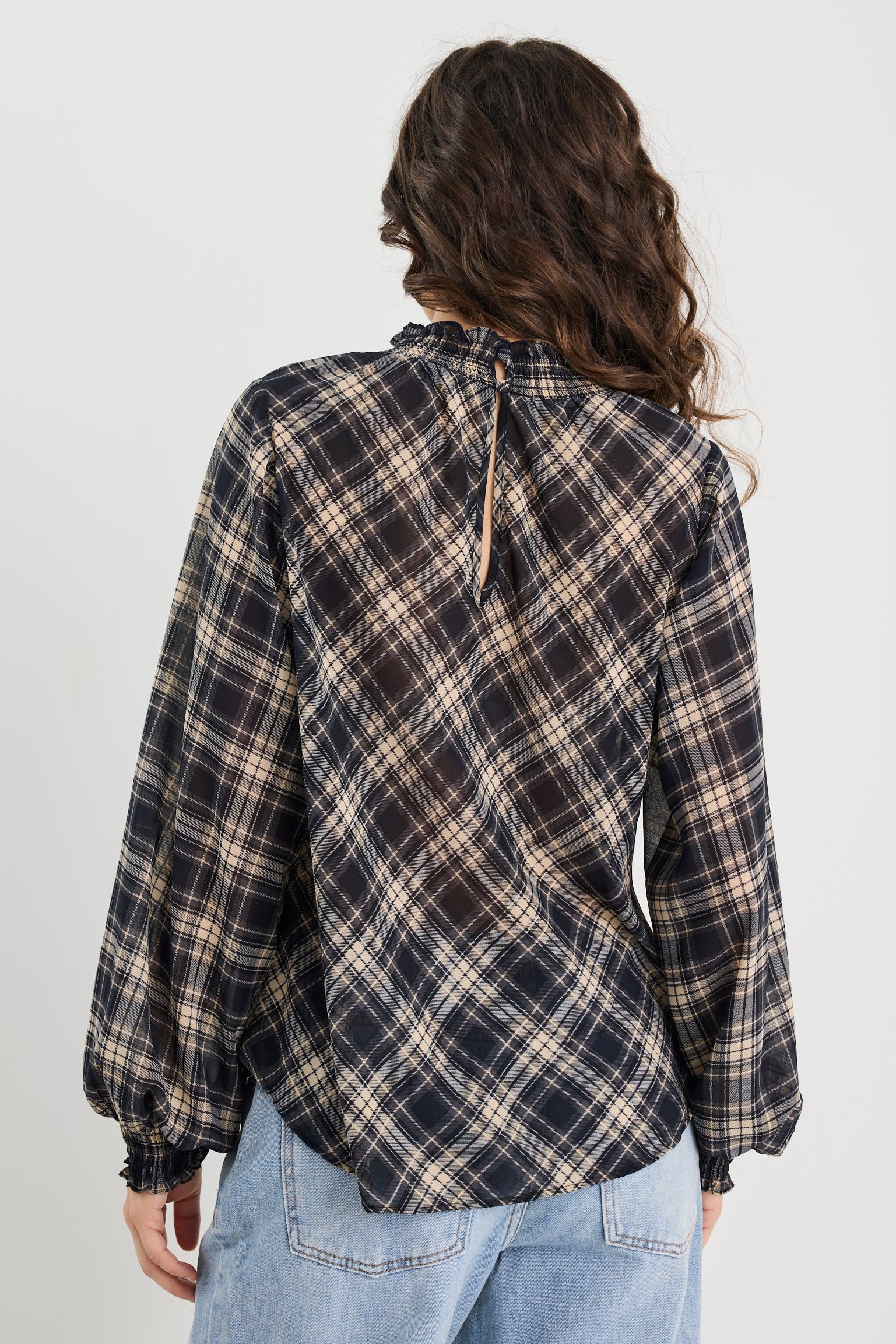 Embrace Black Check Chiffon Shirred Neck LS Top - Image 8
