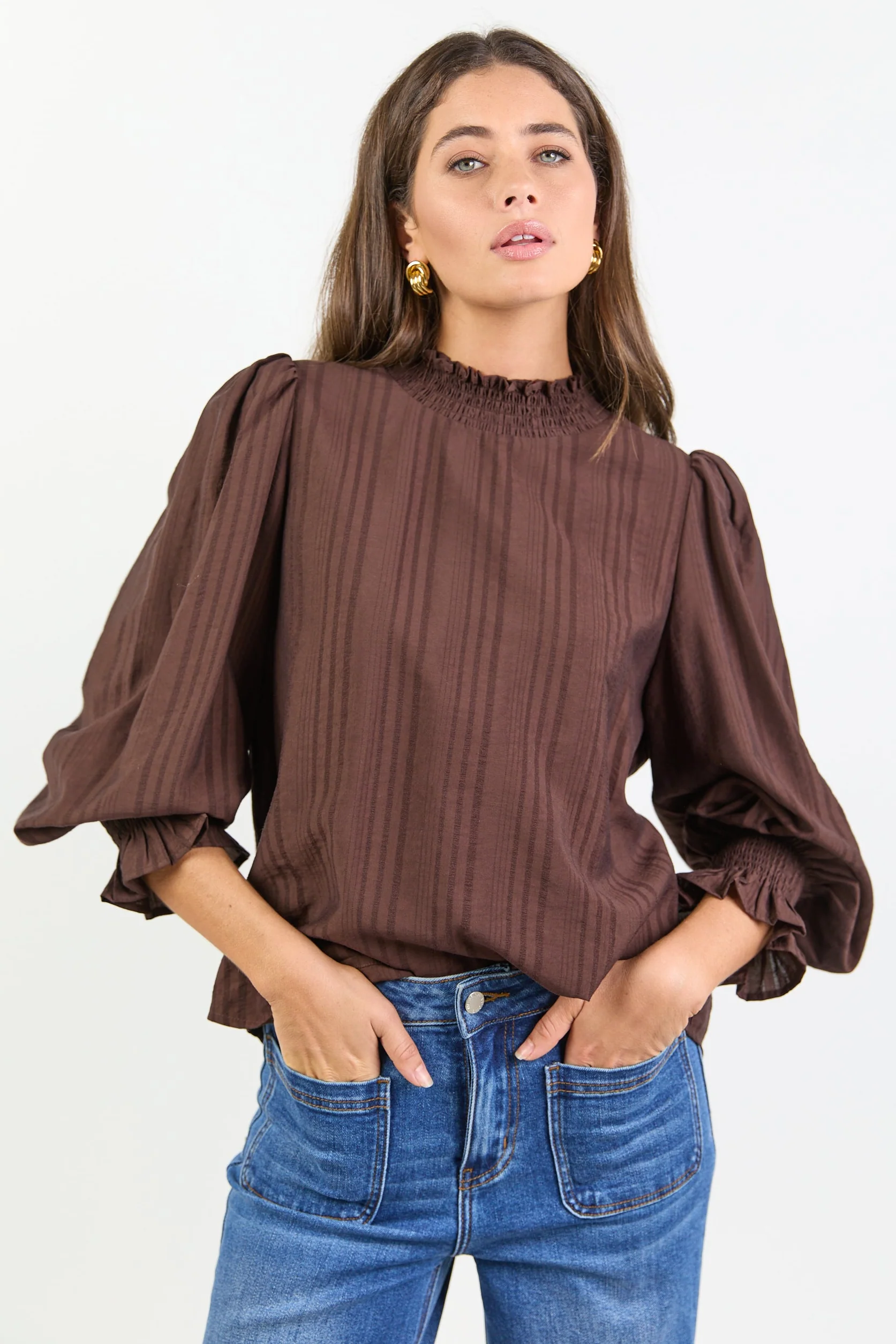 Embrace Chocolate Self Stripe Shirred Neck LS Top - Image 2
