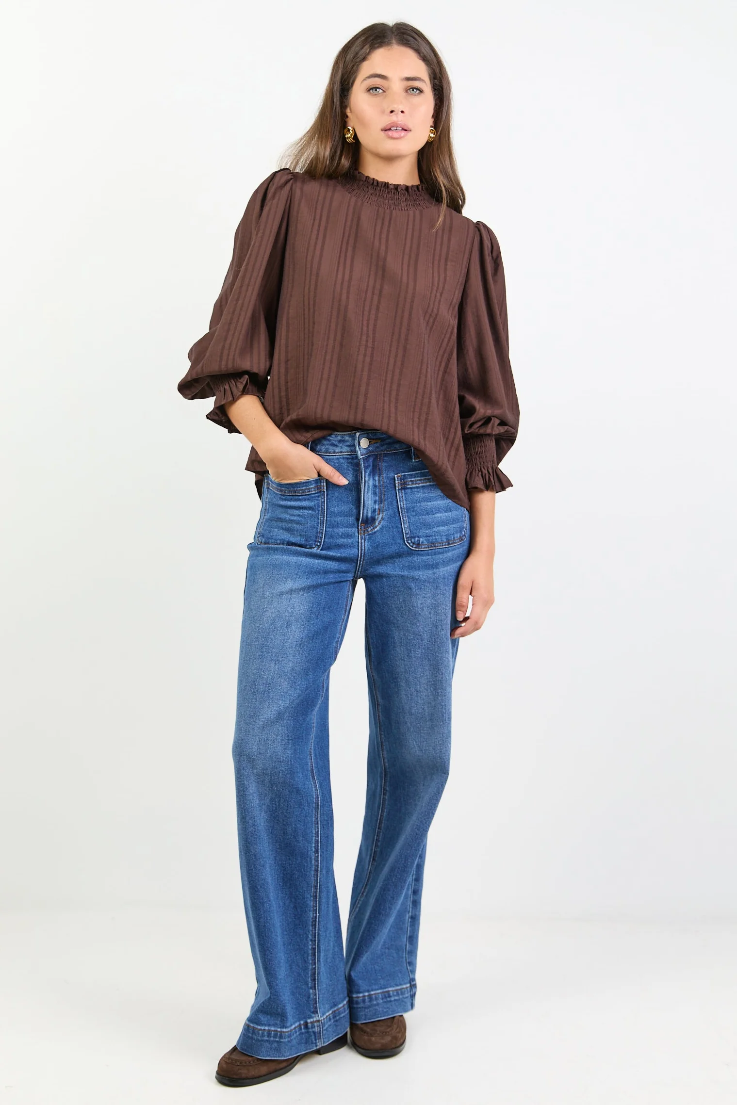 Embrace Chocolate Self Stripe Shirred Neck LS Top - Image 3