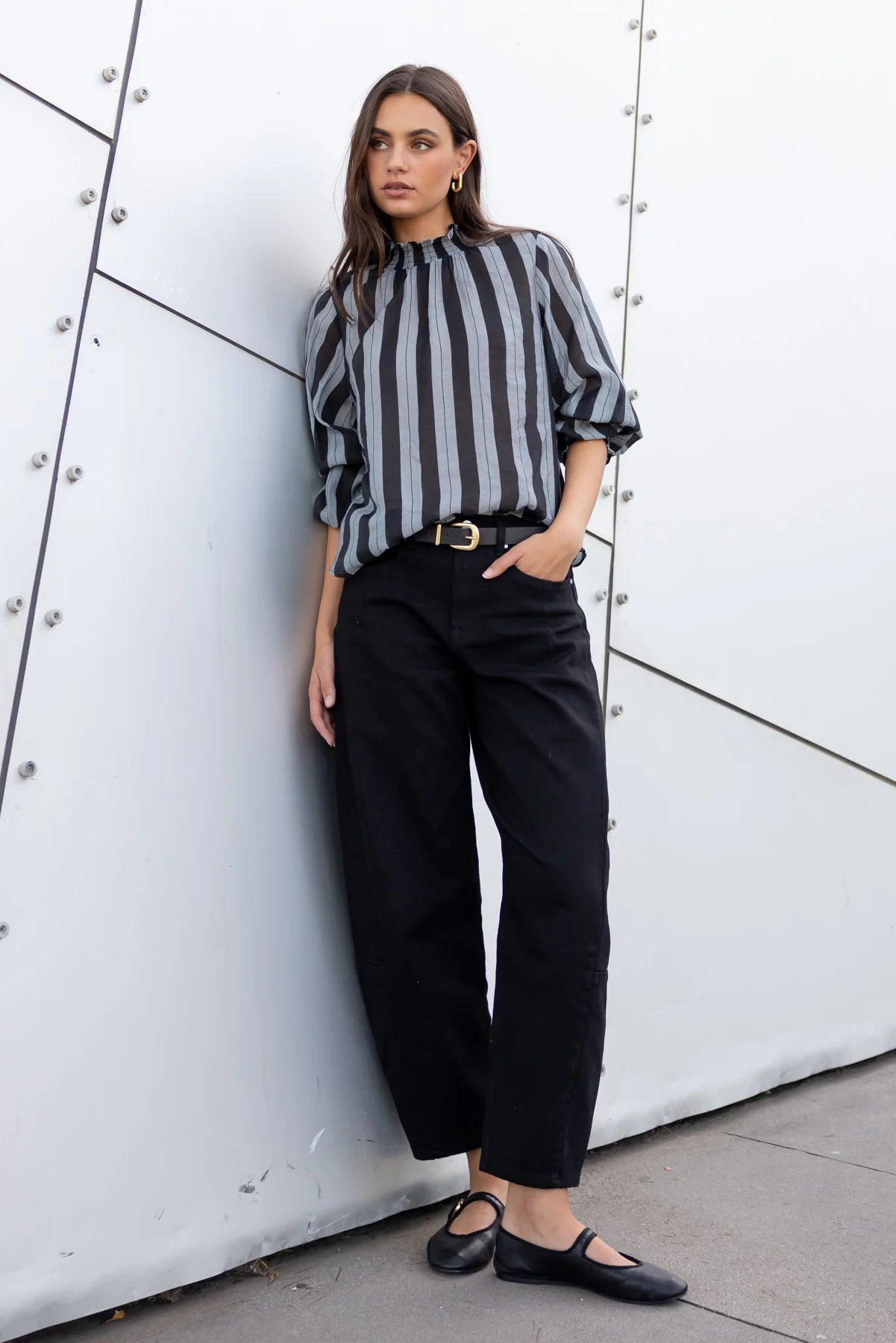 Embrace Grey Stripe Shirred Neck LS Top - Image 2