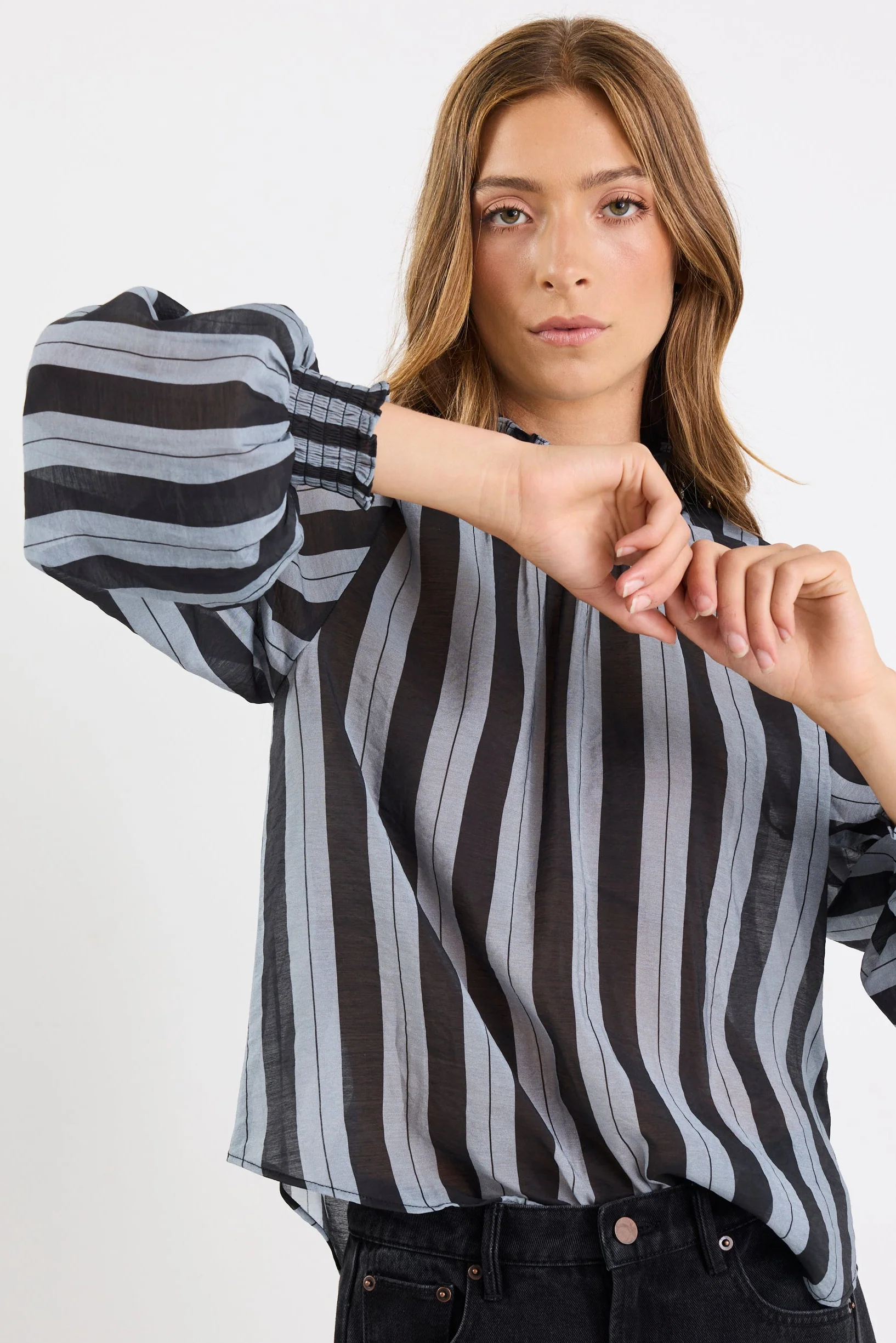 Embrace Grey Stripe Shirred Neck LS Top - Image 3