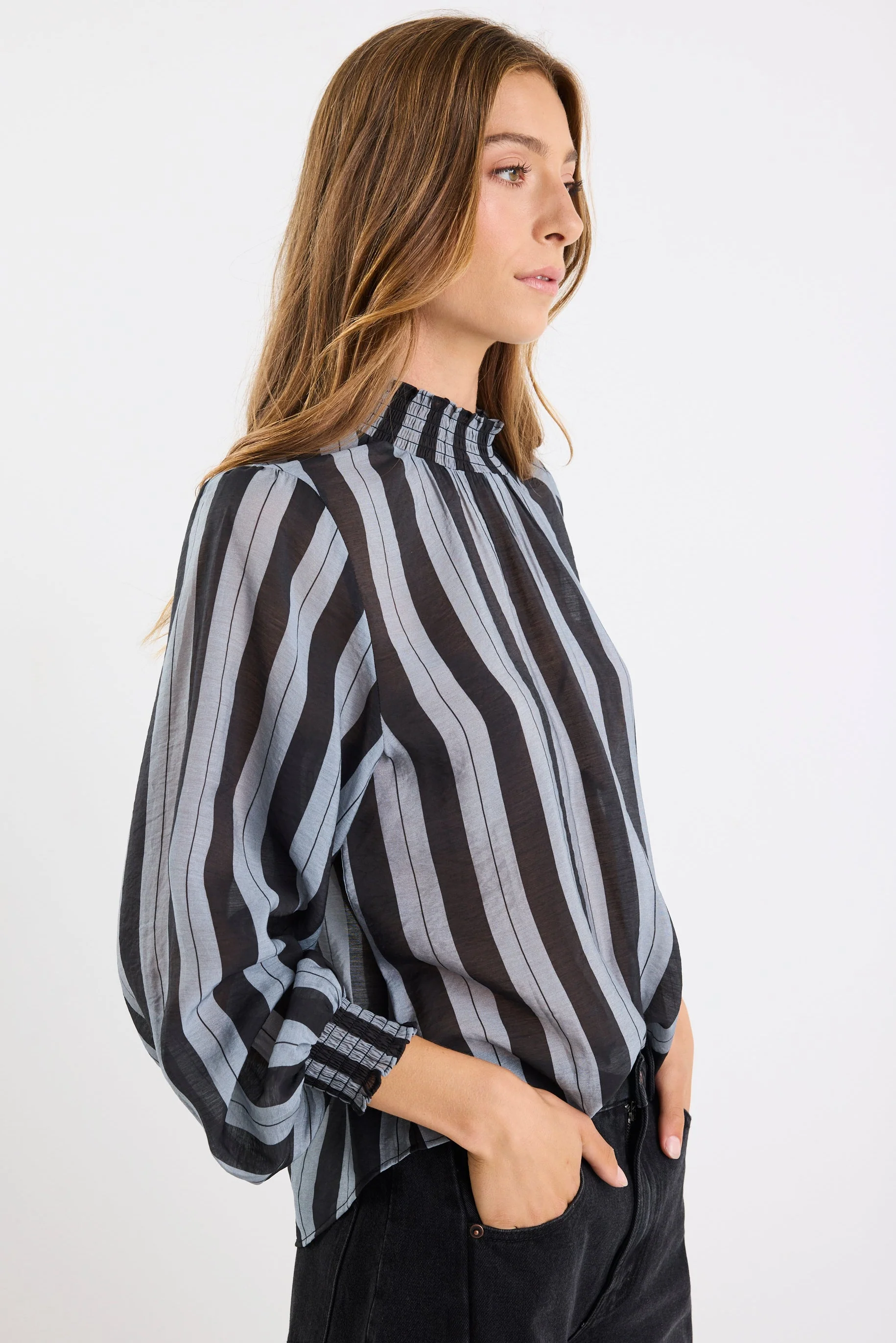 Embrace Grey Stripe Shirred Neck LS Top - Image 4