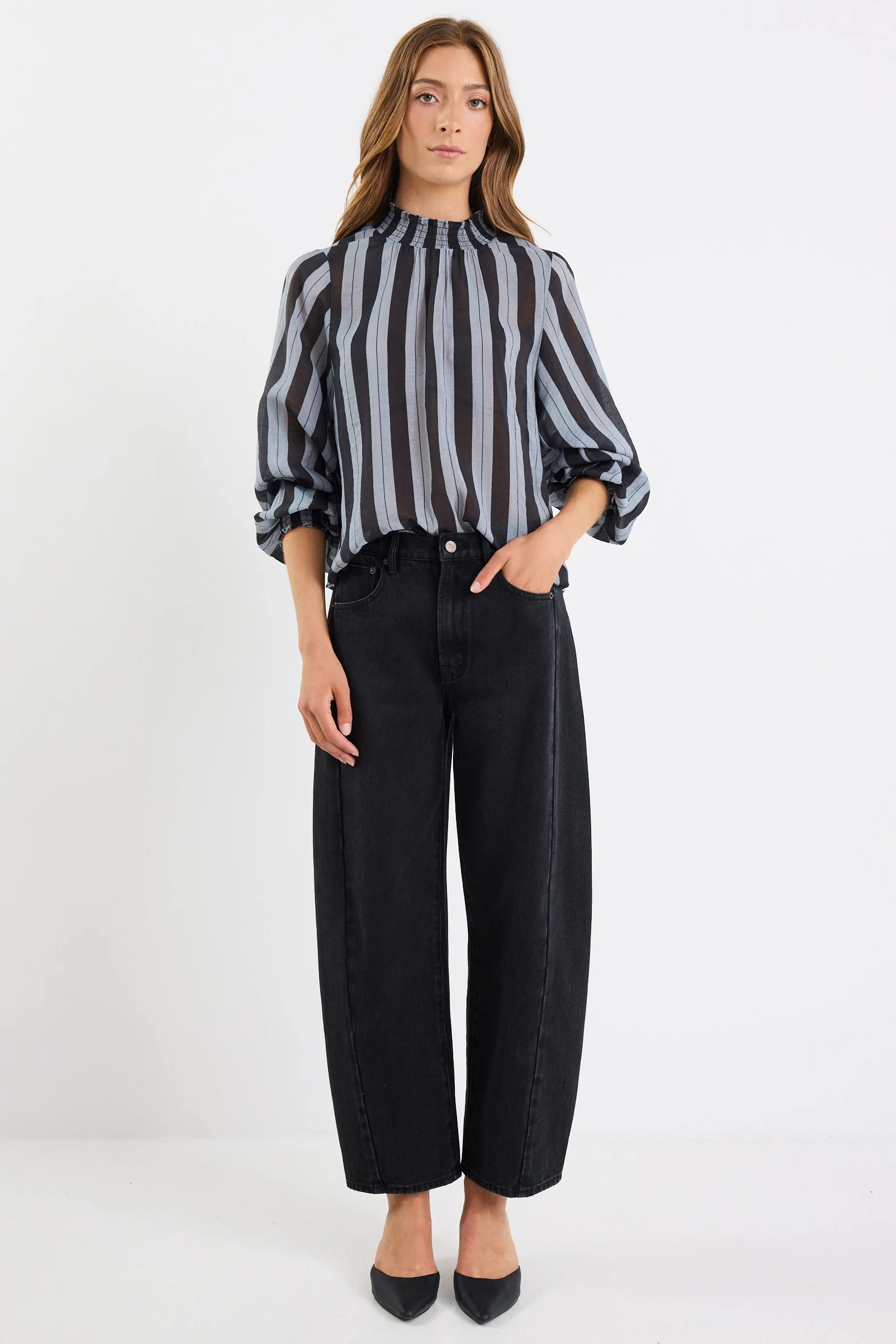 Embrace Grey Stripe Shirred Neck LS Top - Image 5