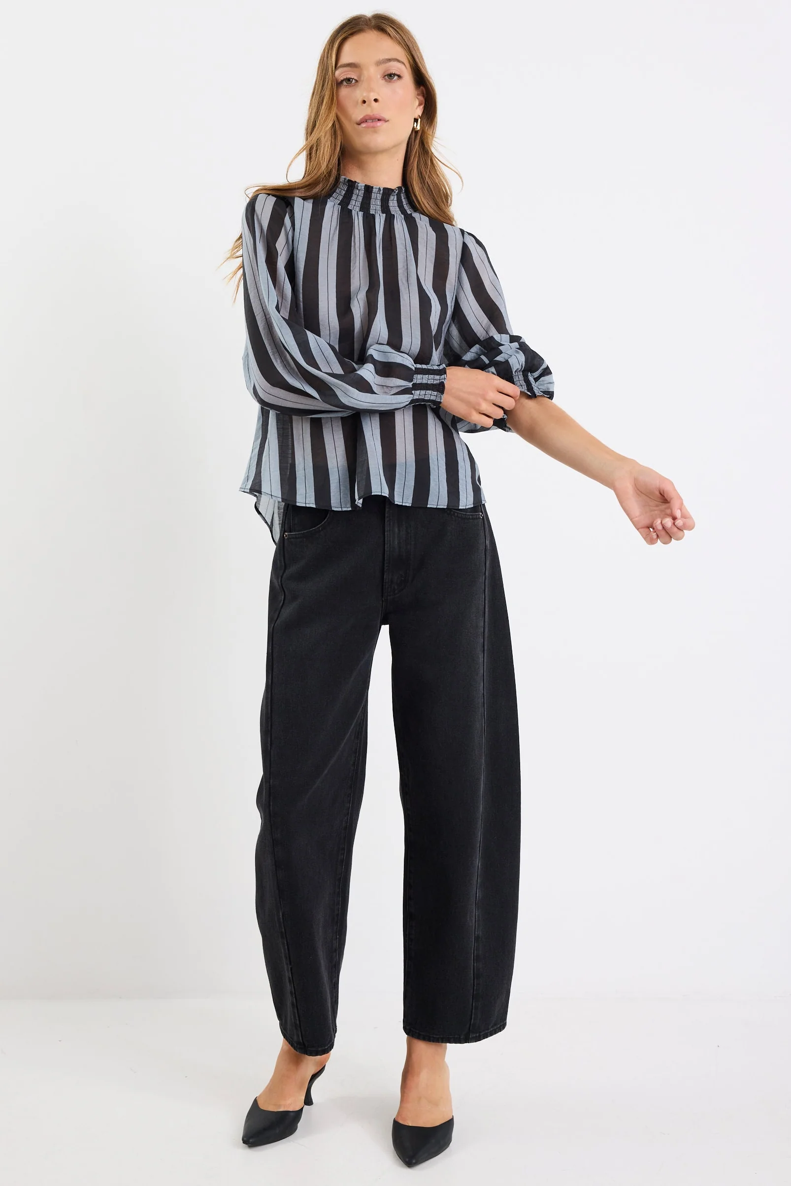 Embrace Grey Stripe Shirred Neck LS Top - Image 6