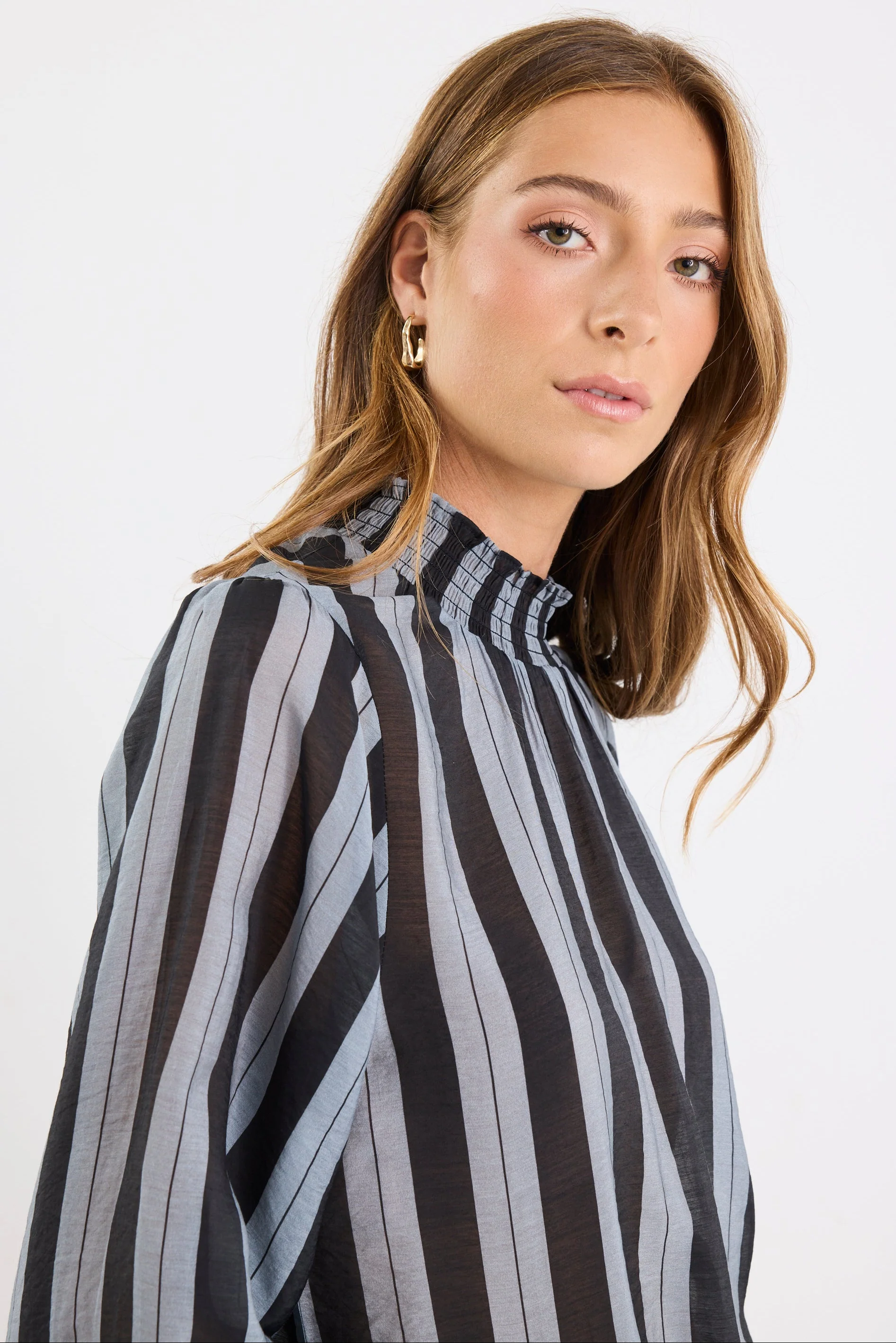 Embrace Grey Stripe Shirred Neck LS Top - Image 8