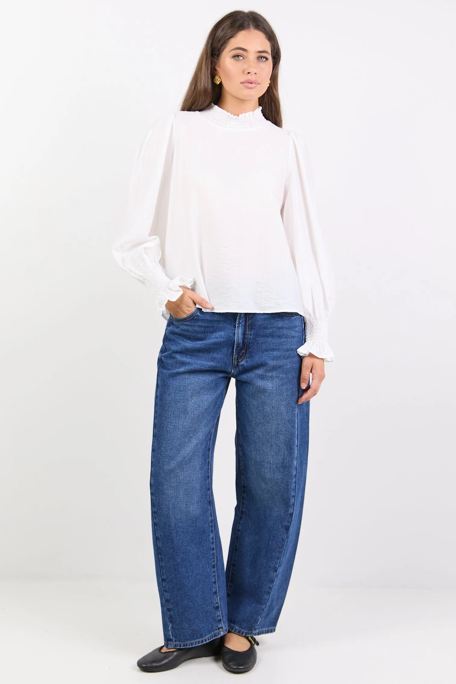 Embrace Ivory Self Stripe Shirred Neck LS Top - Image 2