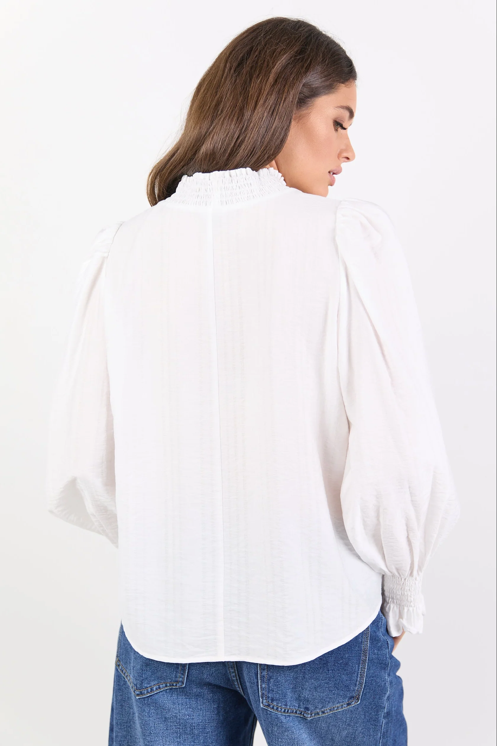 Embrace Ivory Self Stripe Shirred Neck LS Top - Image 4