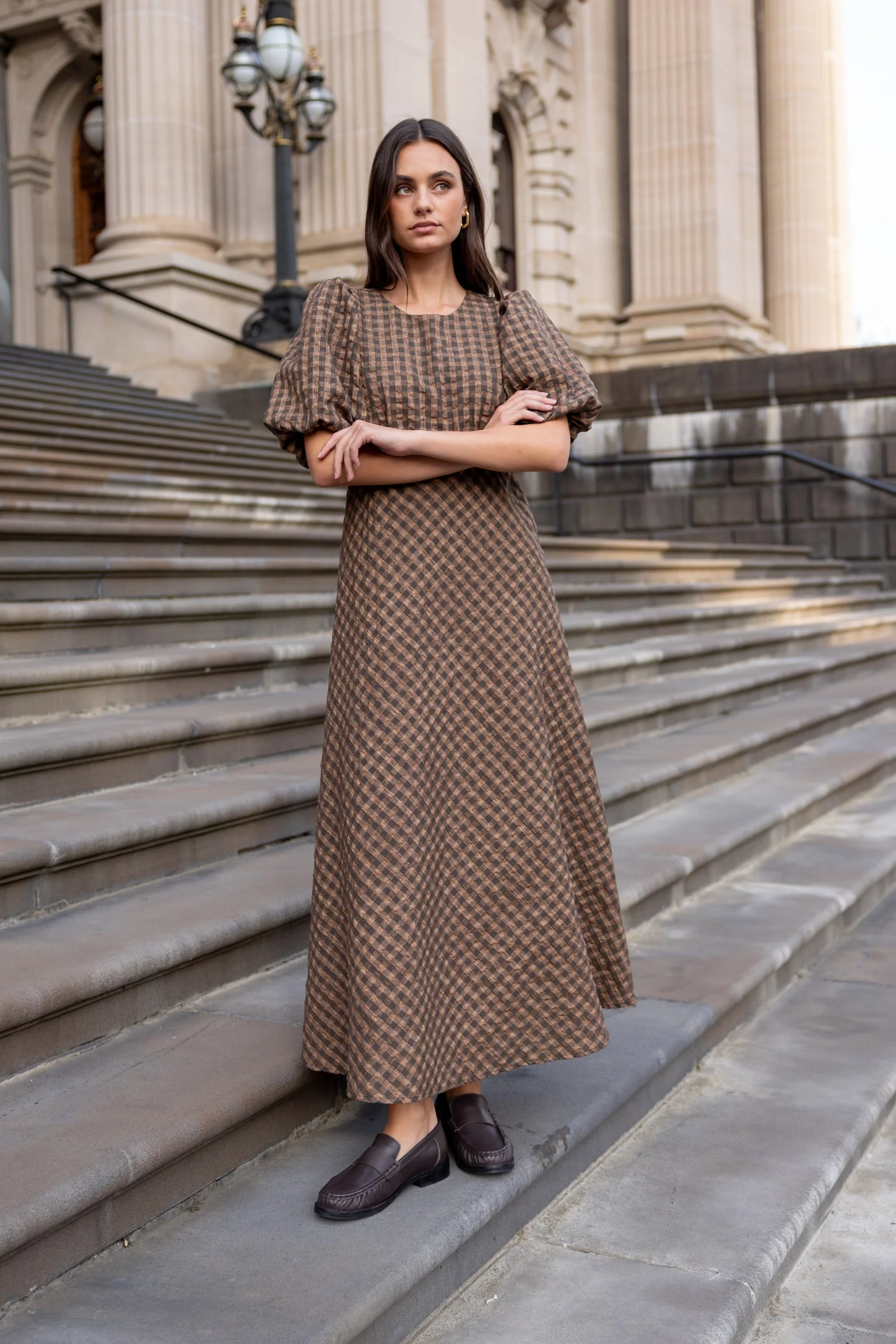 Encore Chocolate Caramel Check SS Bias Maxi Dress