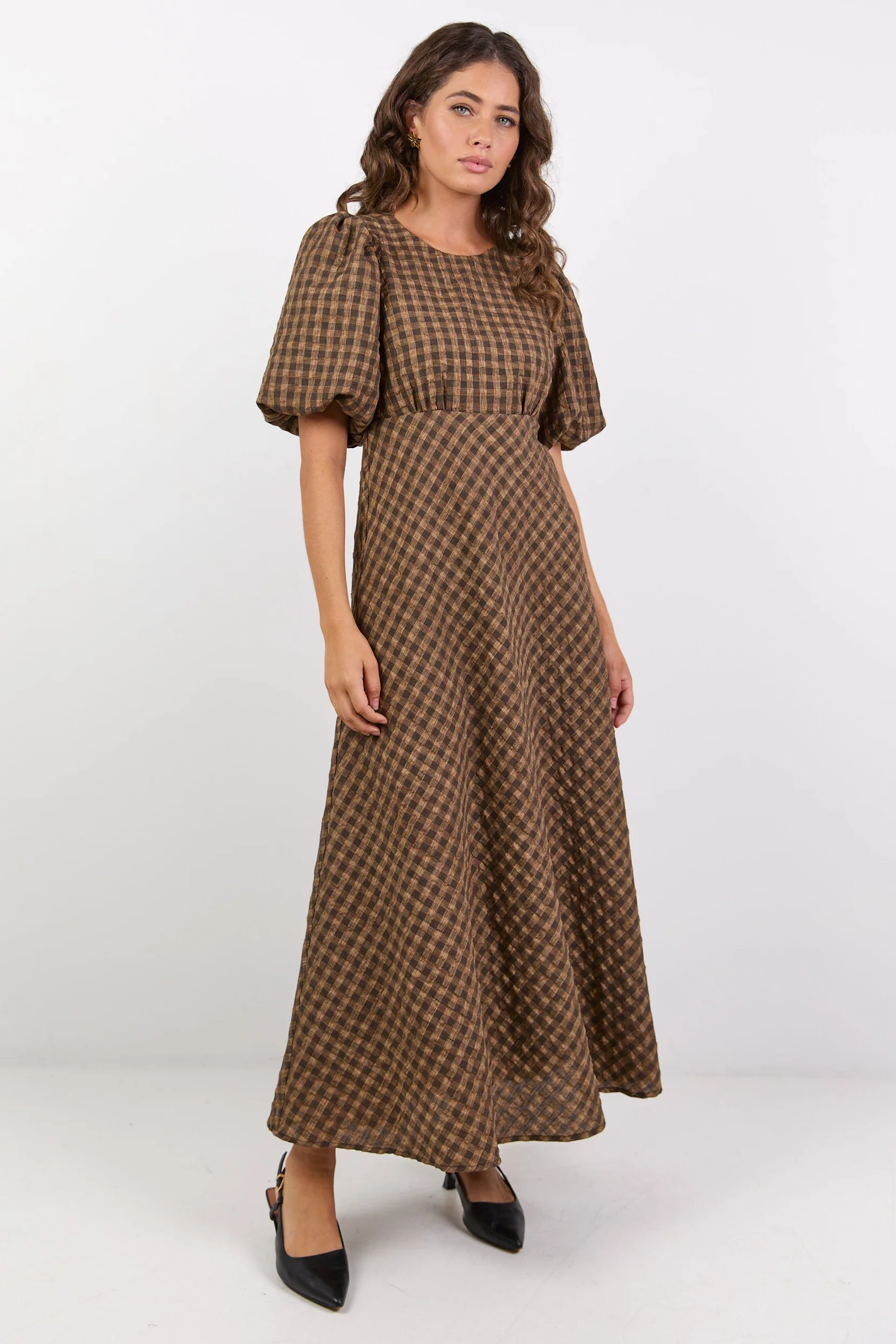 Encore Chocolate Caramel Check SS Bias Maxi Dress - Image 3