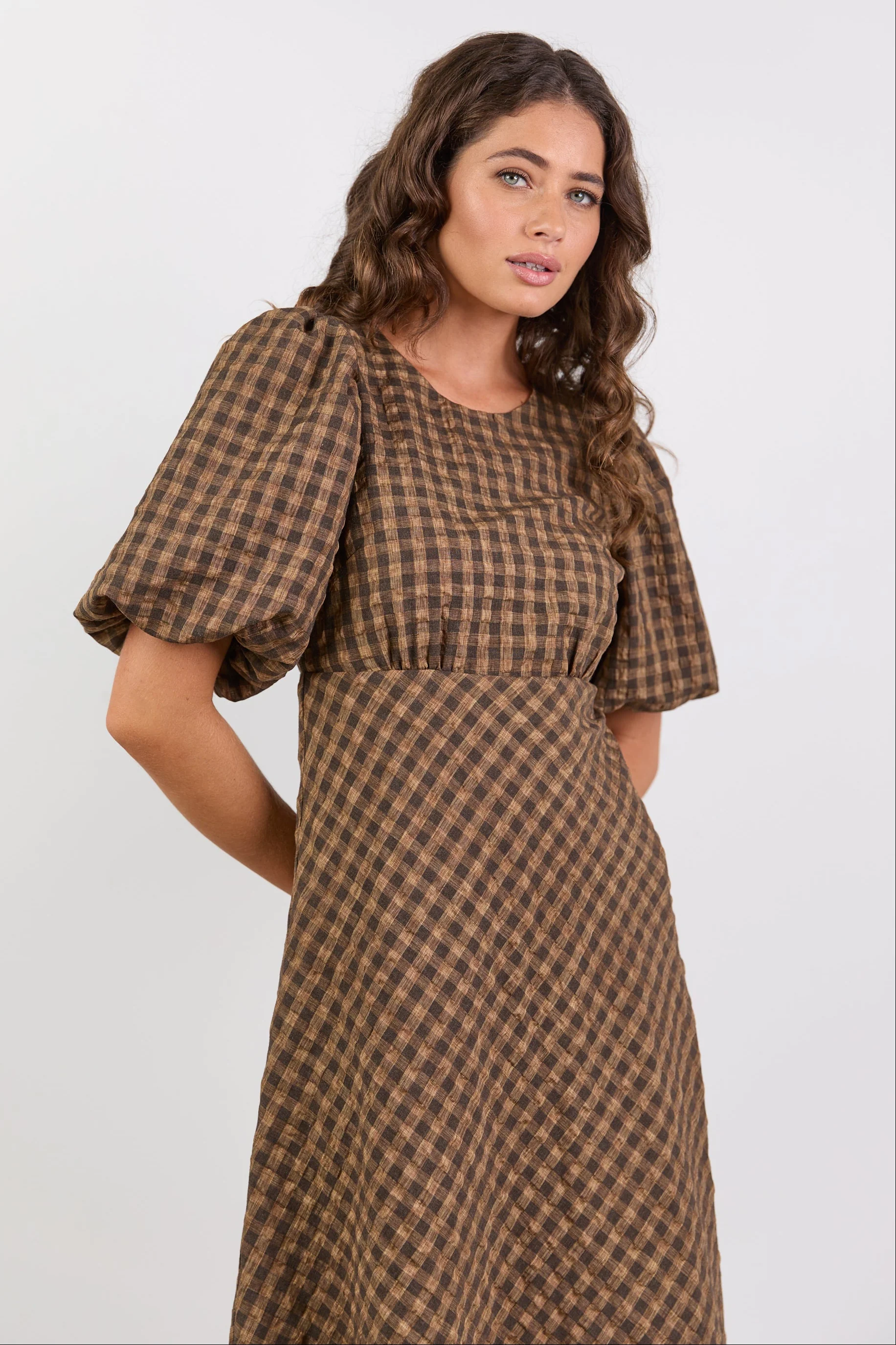 Encore Chocolate Caramel Check SS Bias Maxi Dress - Image 4
