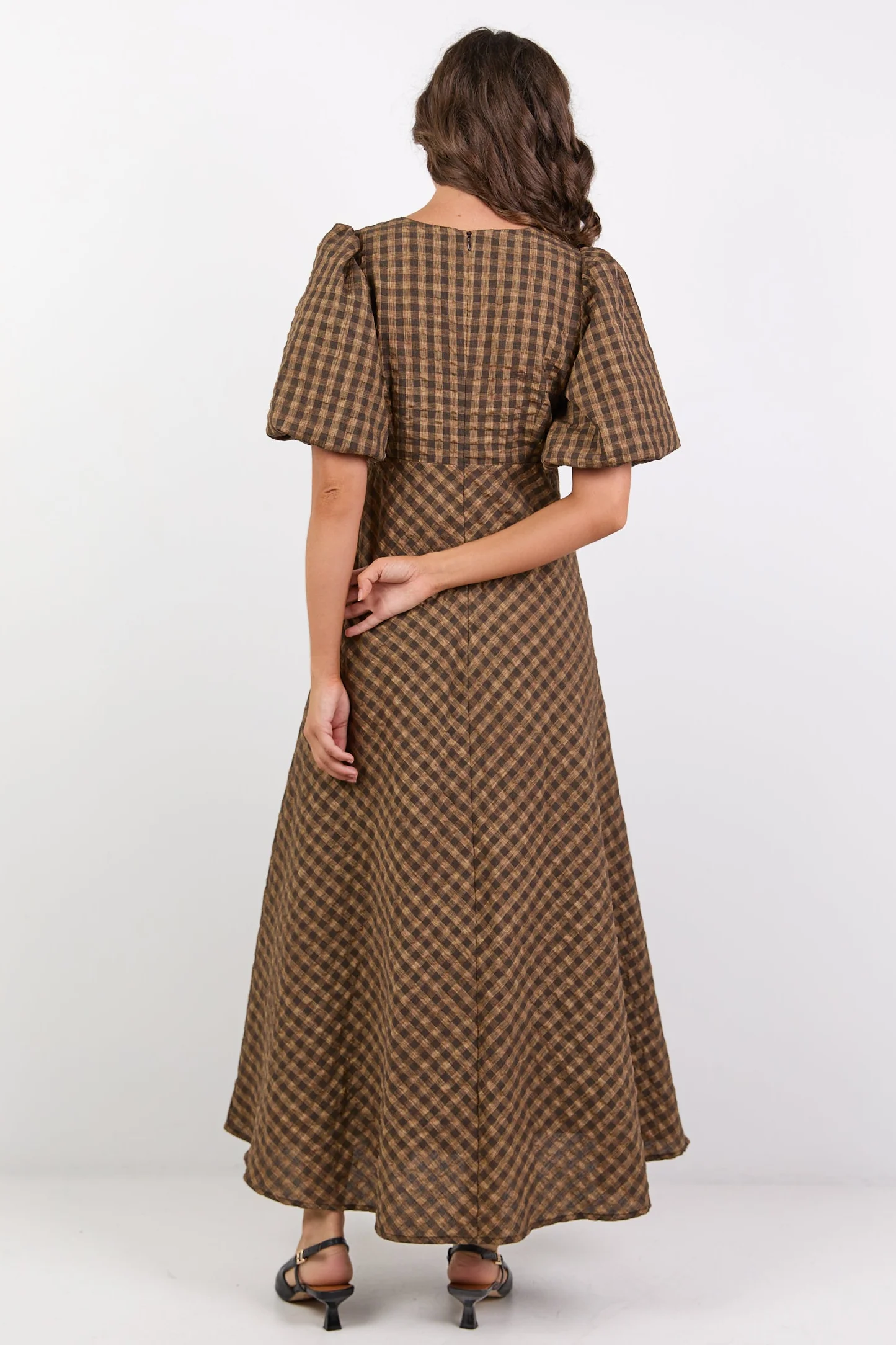 Encore Chocolate Caramel Check SS Bias Maxi Dress - Image 6