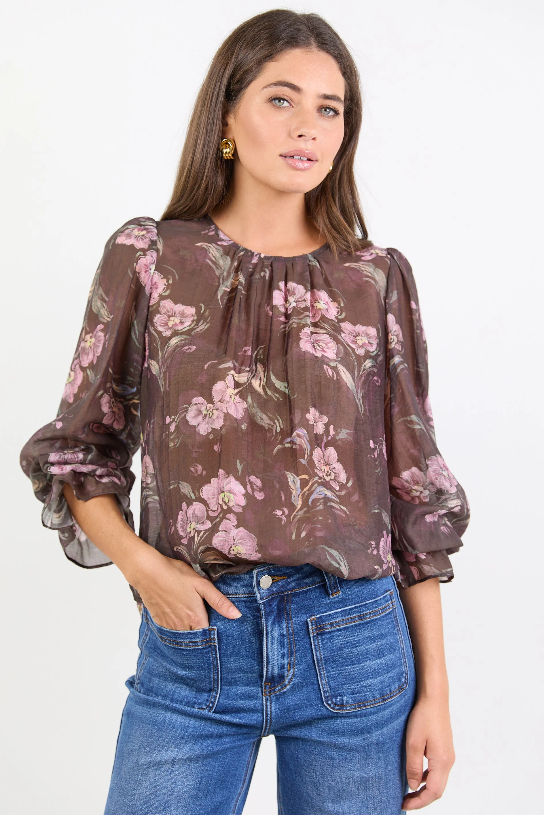 Endless Chocolate Floral Blouson Sleeve LS Top