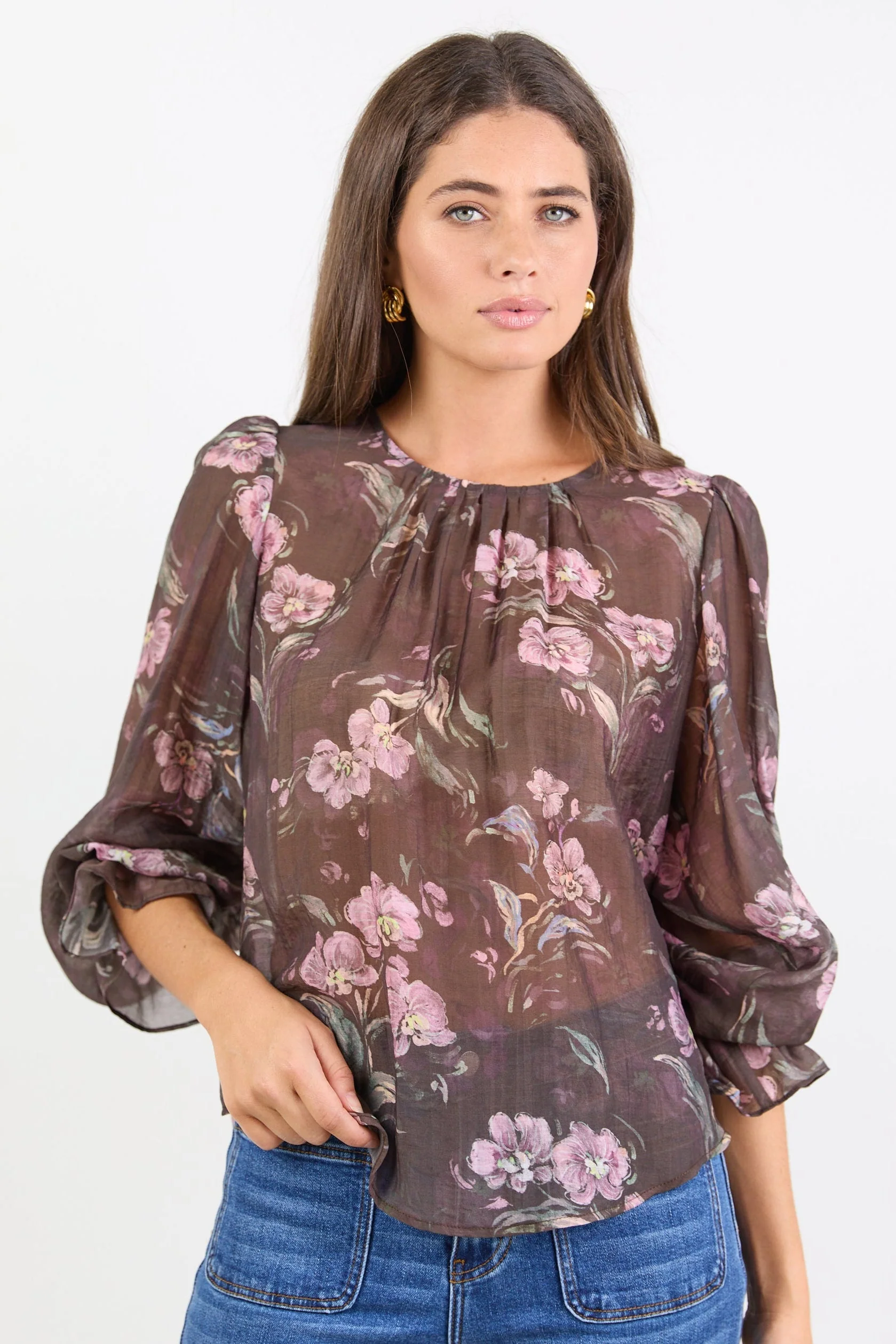 Endless Chocolate Floral Blouson Sleeve LS Top - Image 2