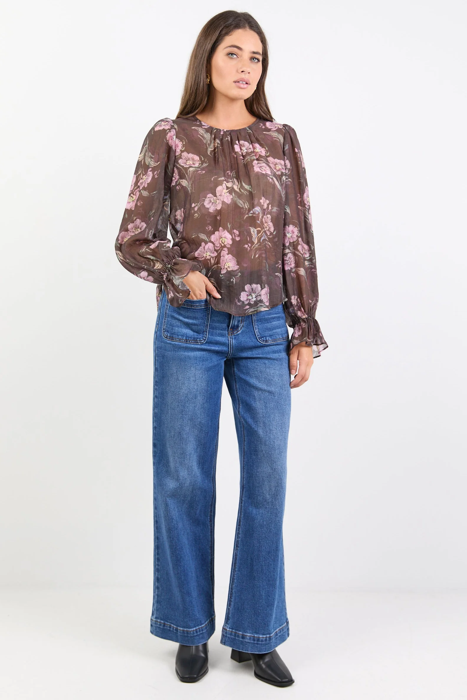 Endless Chocolate Floral Blouson Sleeve LS Top - Image 3