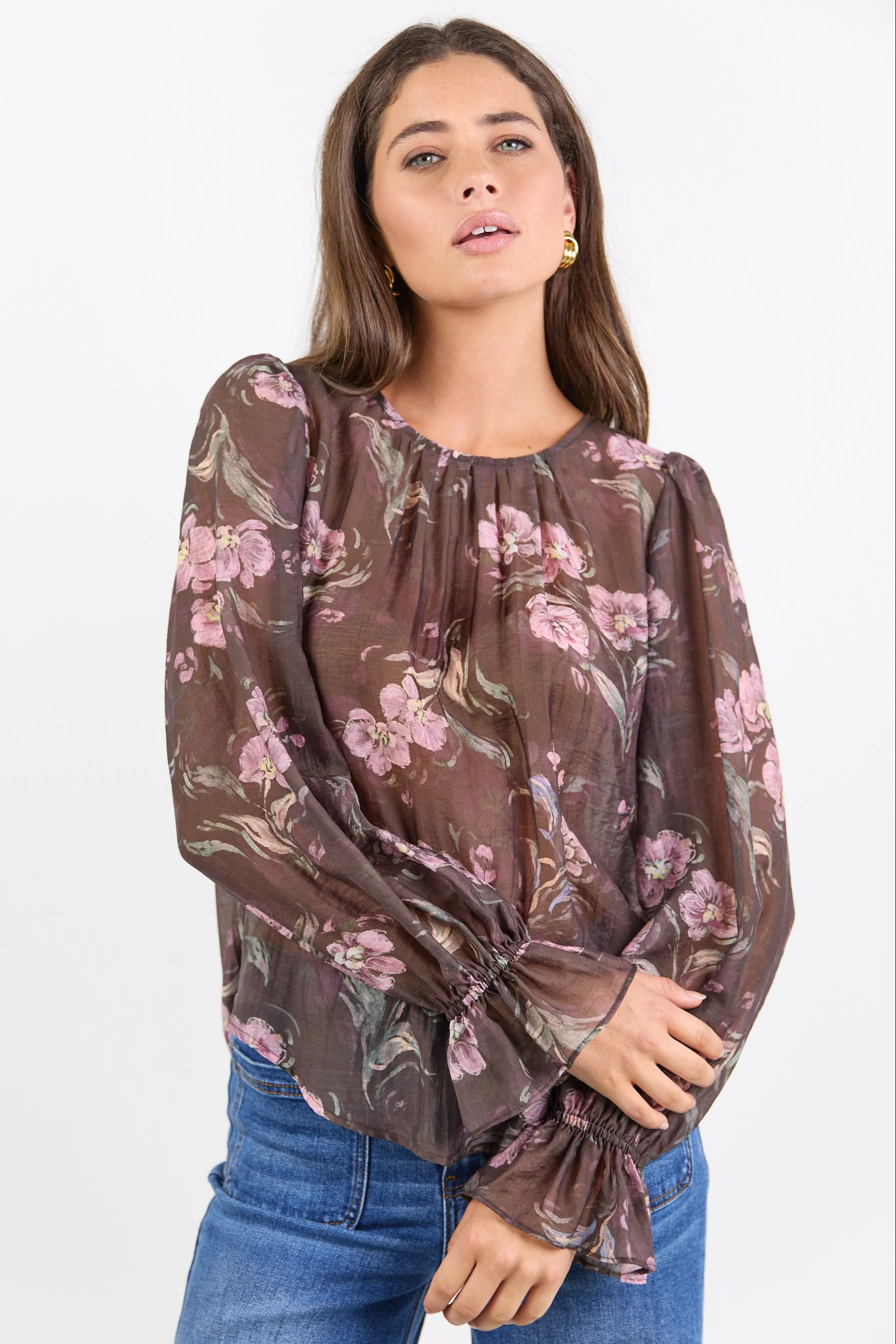 Endless Chocolate Floral Blouson Sleeve LS Top - Image 4