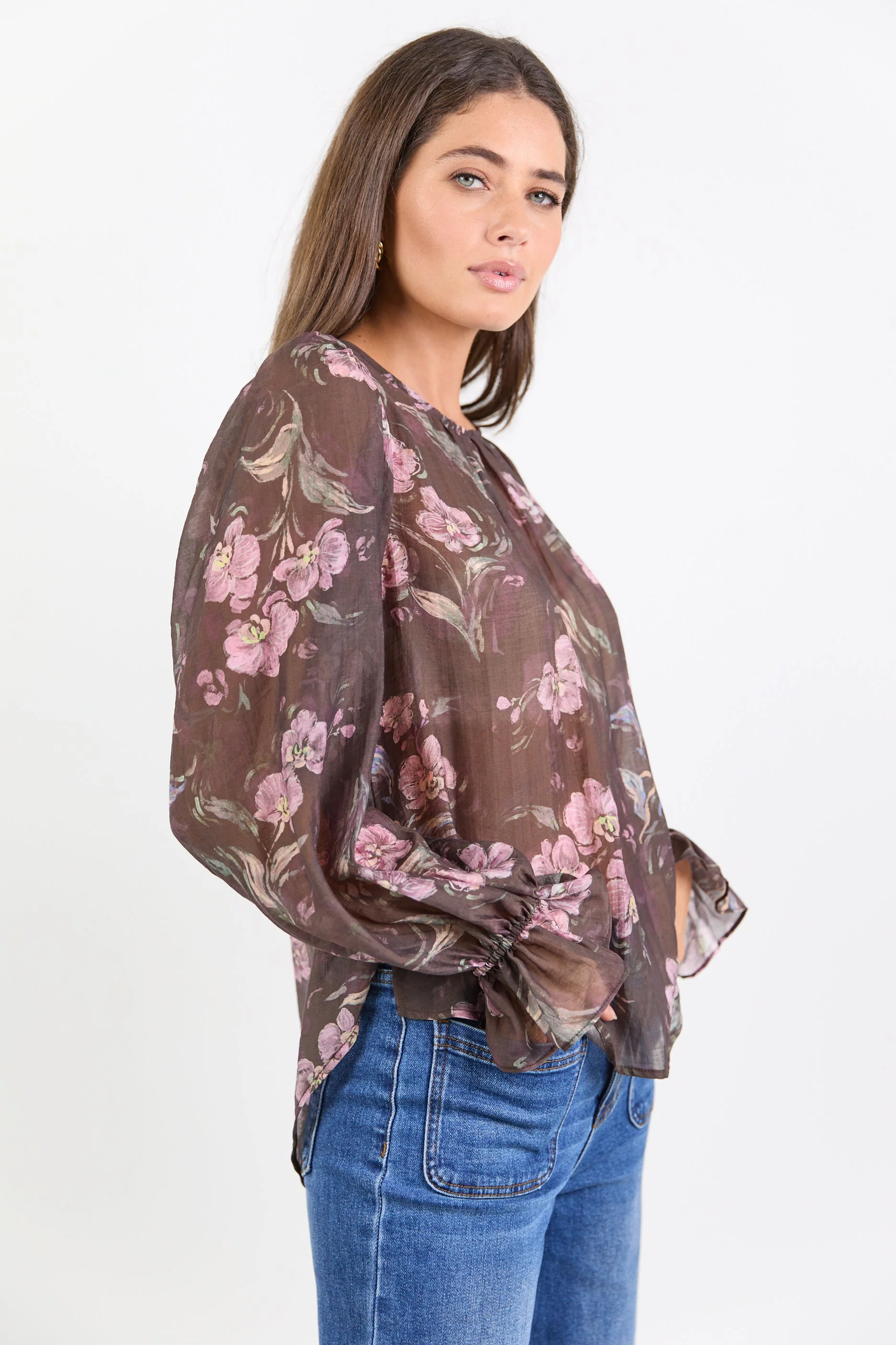 Endless Chocolate Floral Blouson Sleeve LS Top - Image 5