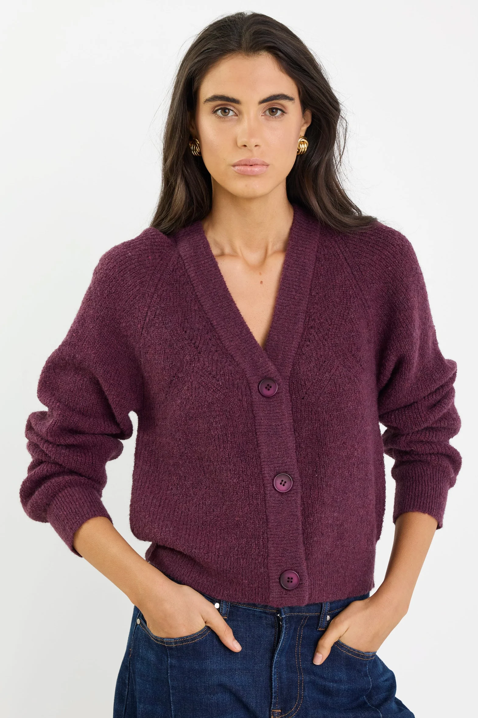 Essence Plum V Neck Rib Knit Cardigan - Image 2