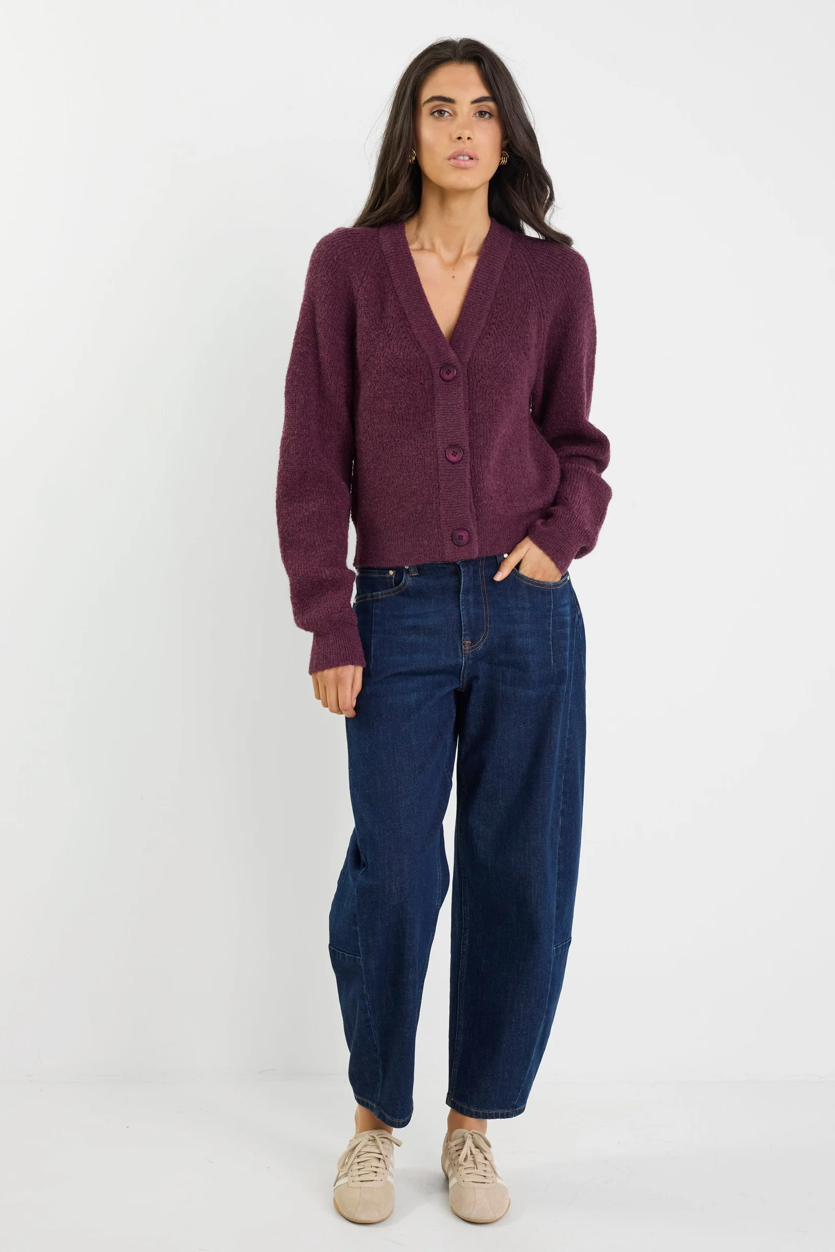 Essence Plum V Neck Rib Knit Cardigan - Image 4