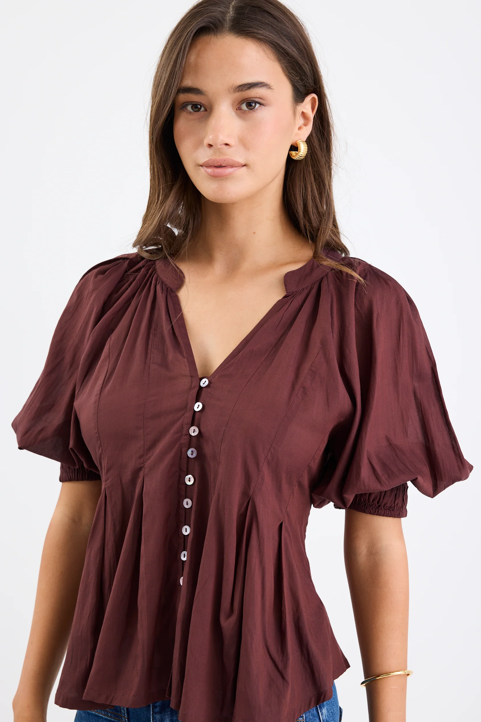 Esteem Chocolate Voile Pleated Short Sleeve Button-Through Top - Image 3