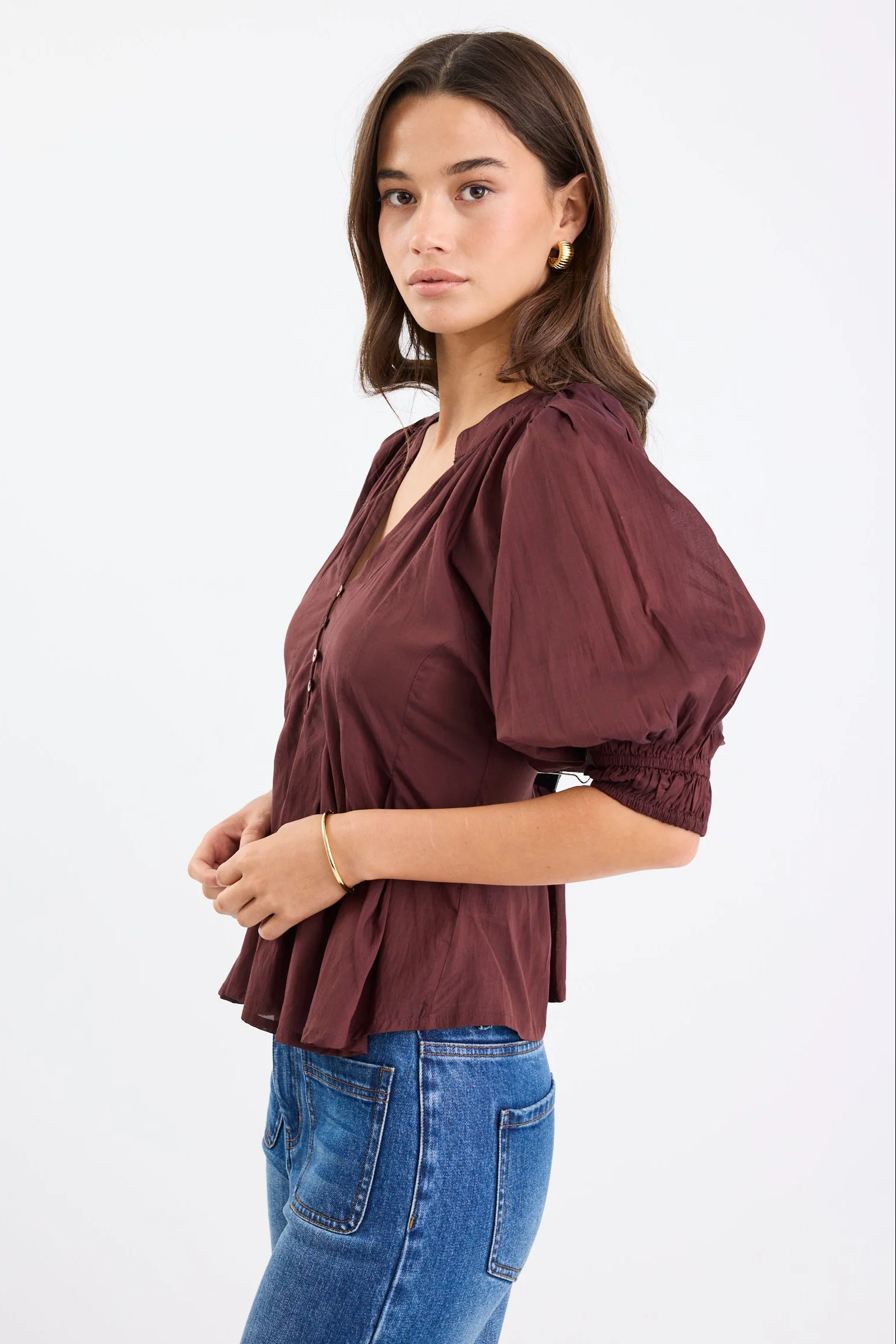 Esteem Chocolate Voile Pleated Short Sleeve Button-Through Top - Image 4