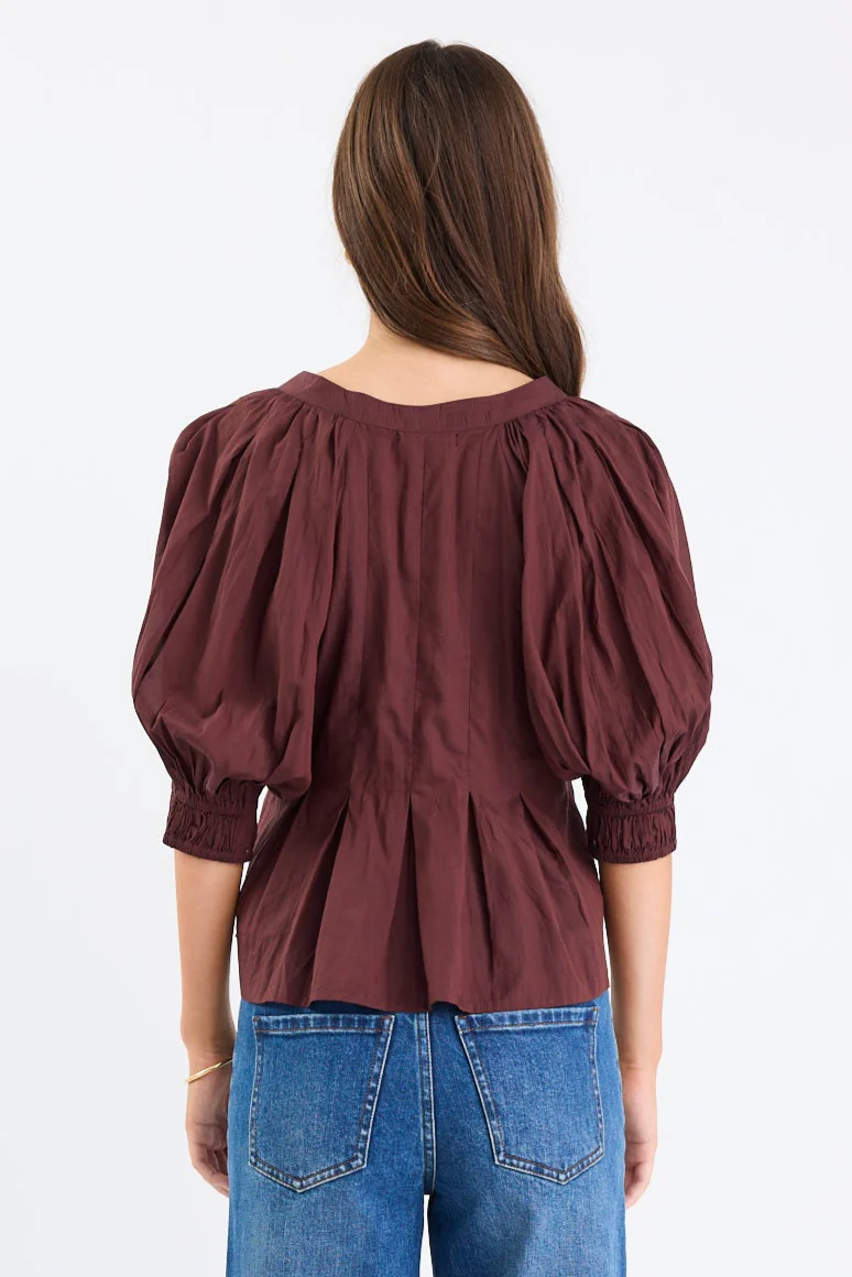 Esteem Chocolate Voile Pleated Short Sleeve Button-Through Top - Image 5