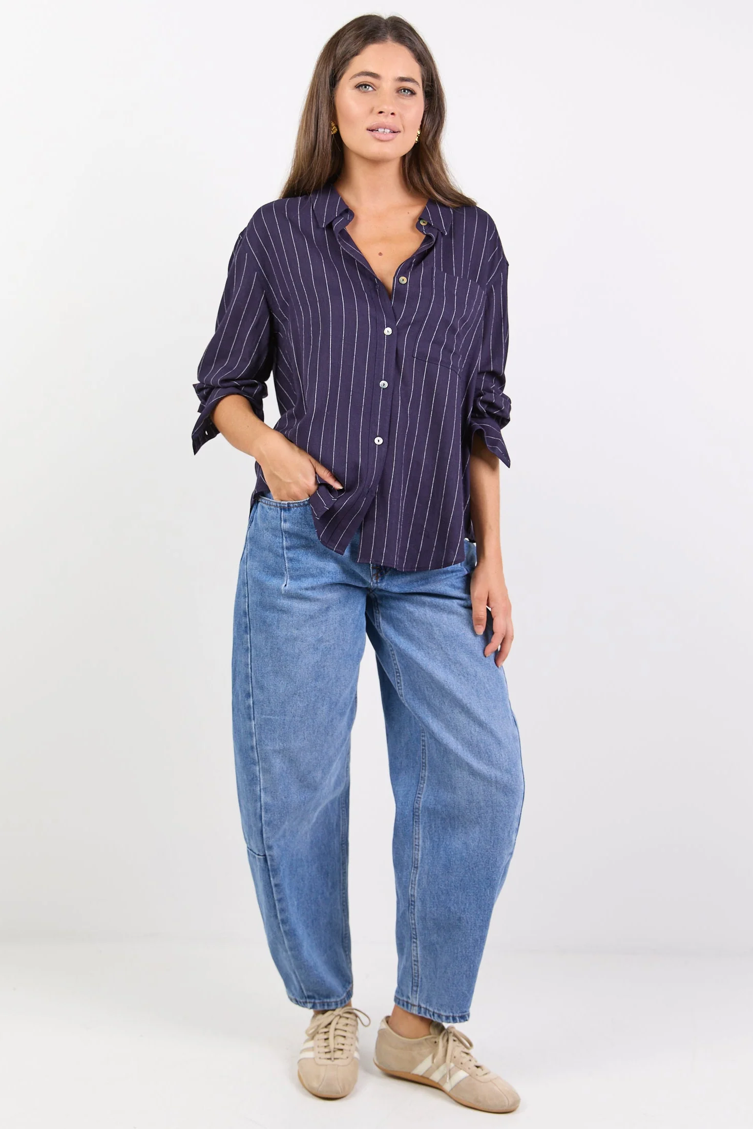 Exalted Navy Stripe Linen Viscose Oversized Shirt - Image 2