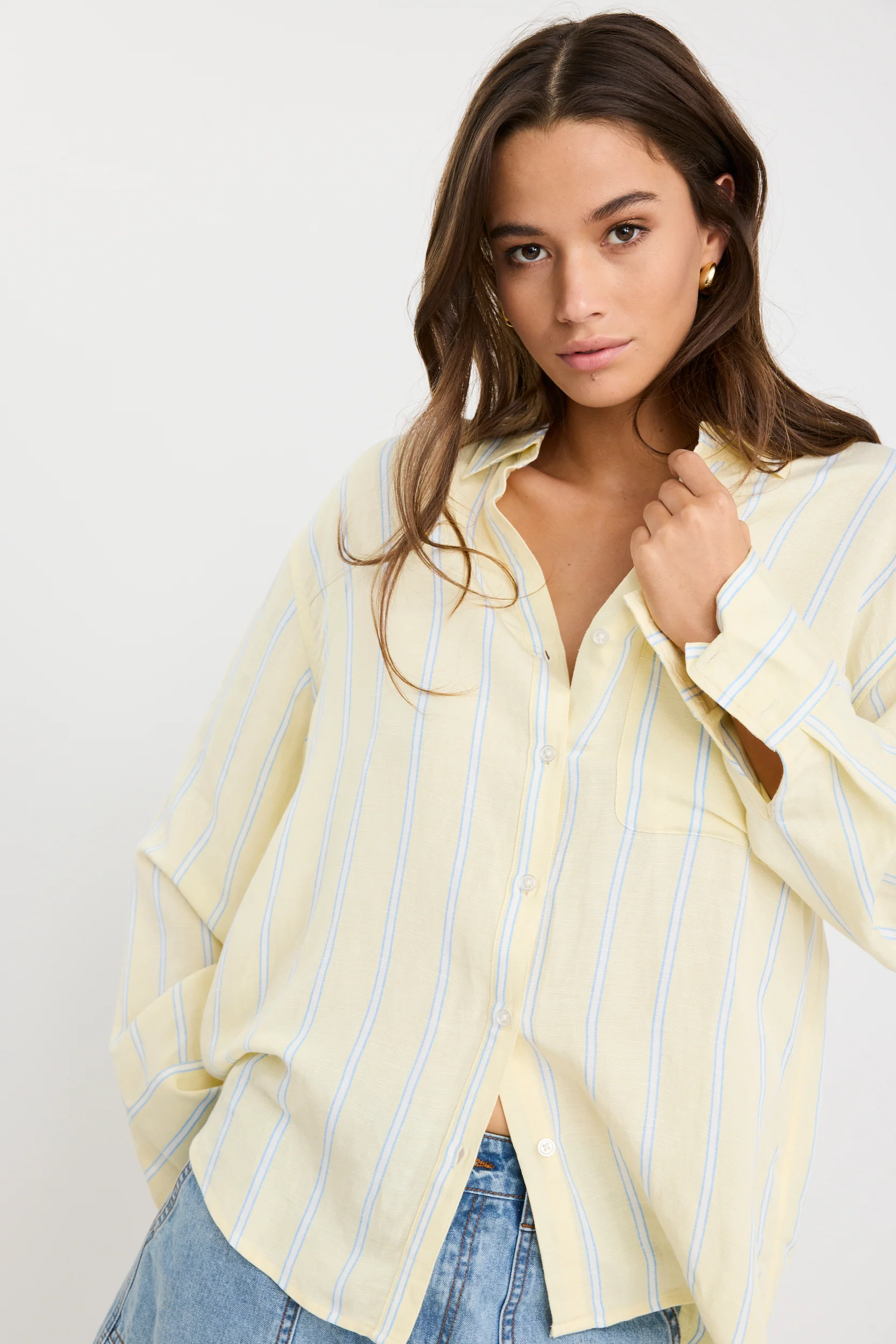 Exalted Yellow Stripe Linen Viscose Oversized Shirt - Image 3
