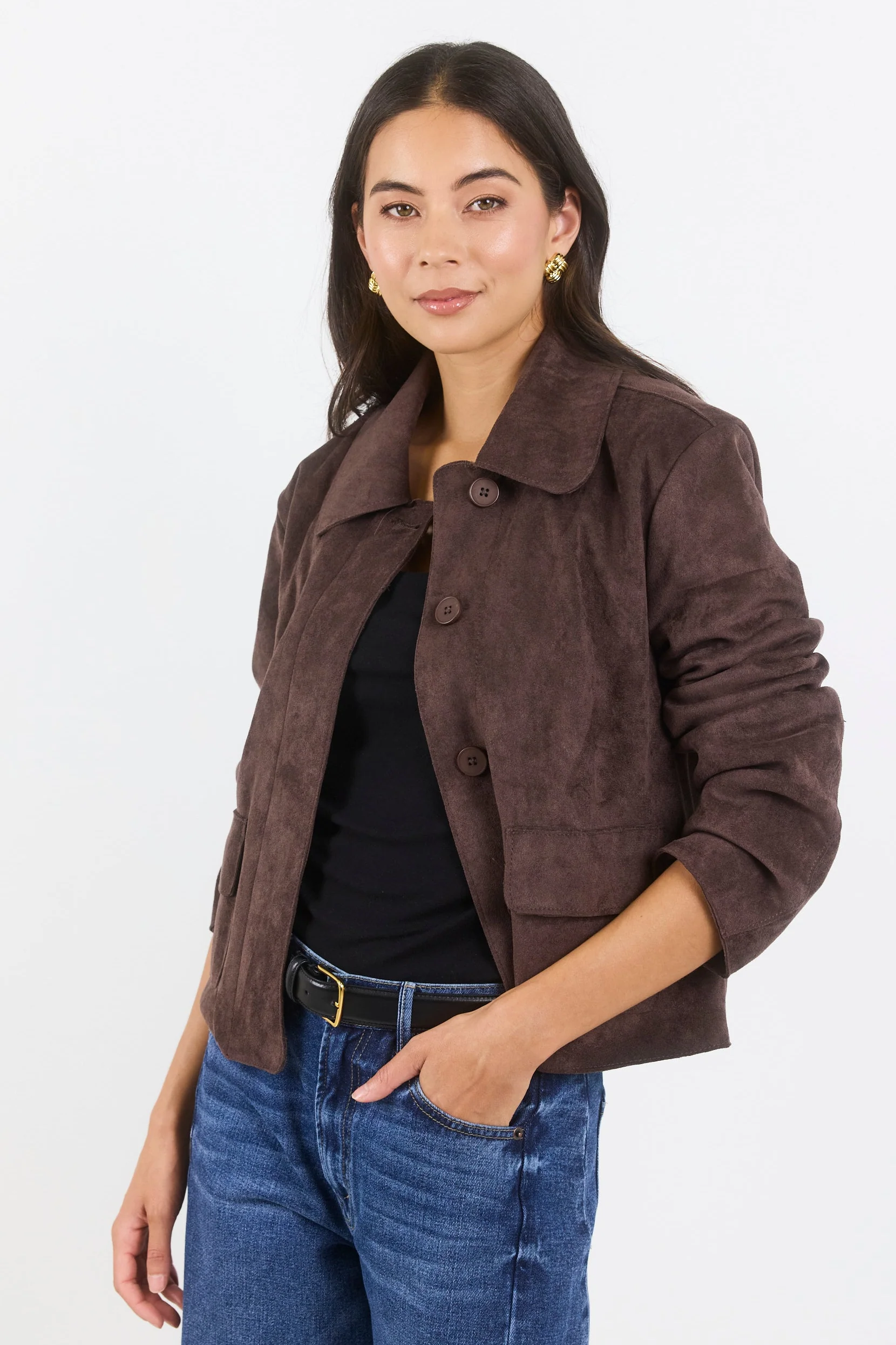 Exhibit Chocolate Faux Suede Button Front Cropped Jacket - Image 2