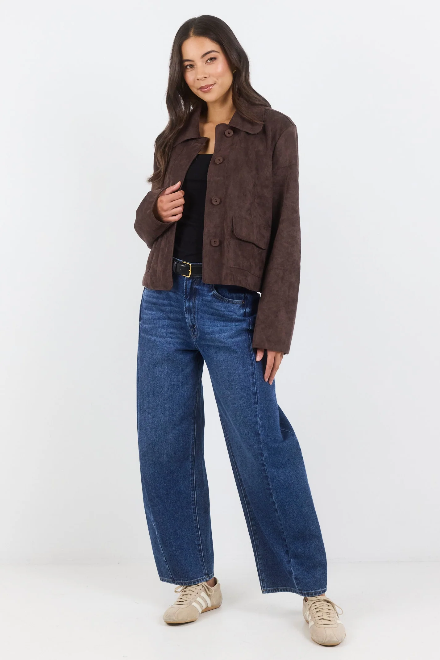 Exhibit Chocolate Faux Suede Button Front Cropped Jacket - Image 3