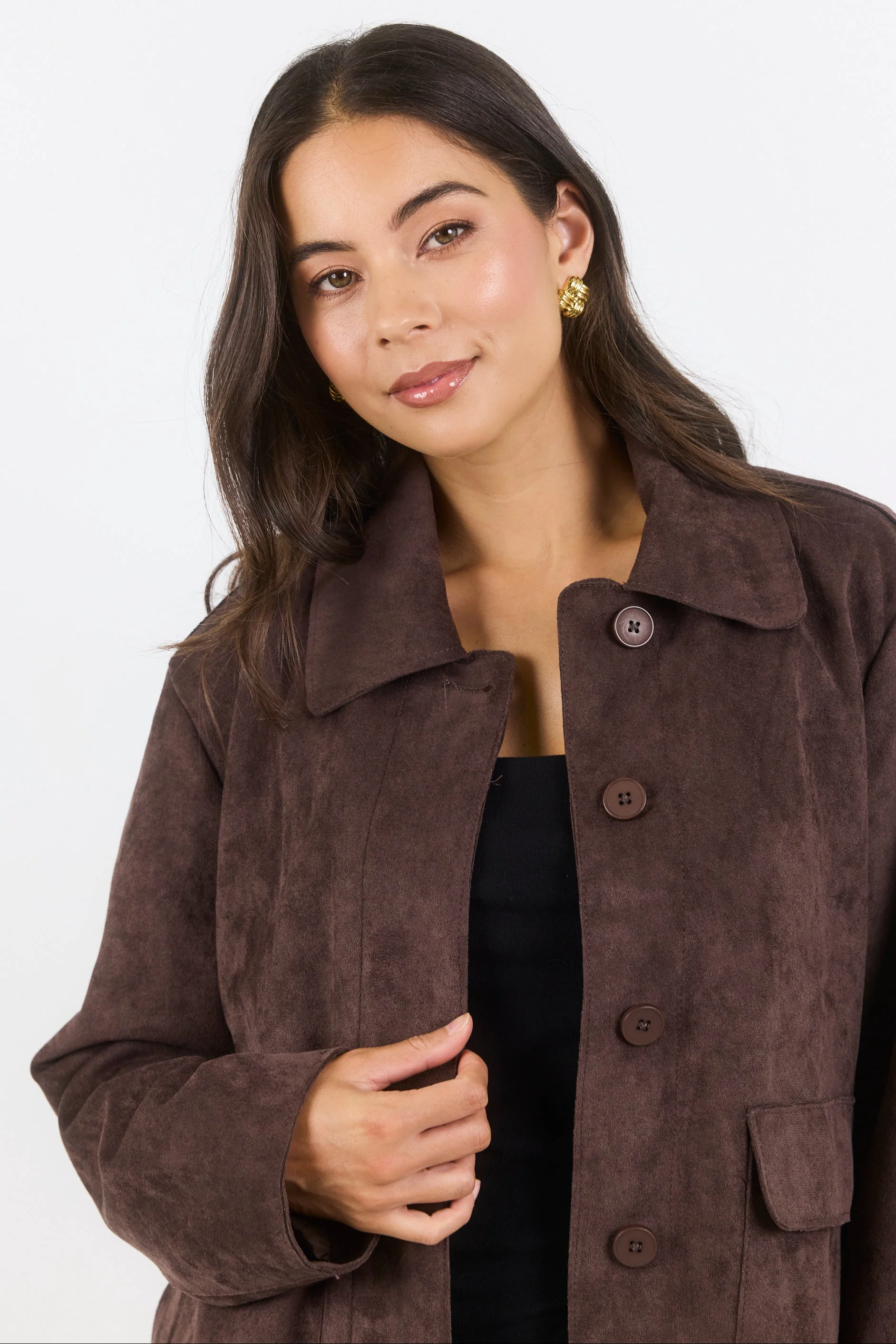 Exhibit Chocolate Faux Suede Button Front Cropped Jacket - Image 4