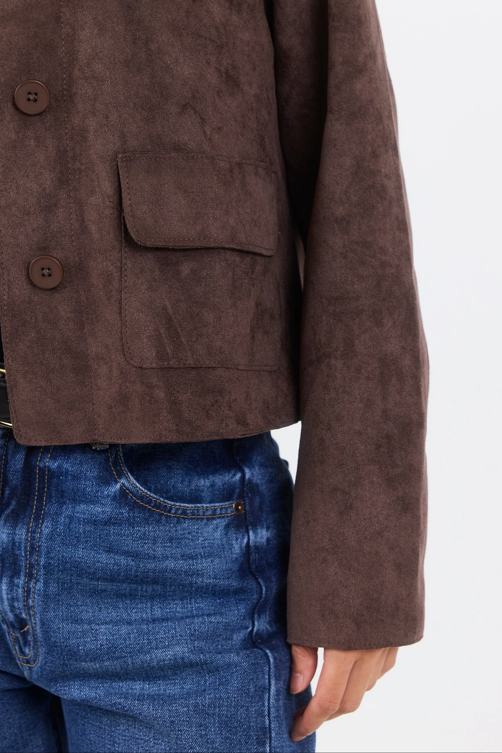 Exhibit Chocolate Faux Suede Button Front Cropped Jacket - Image 5