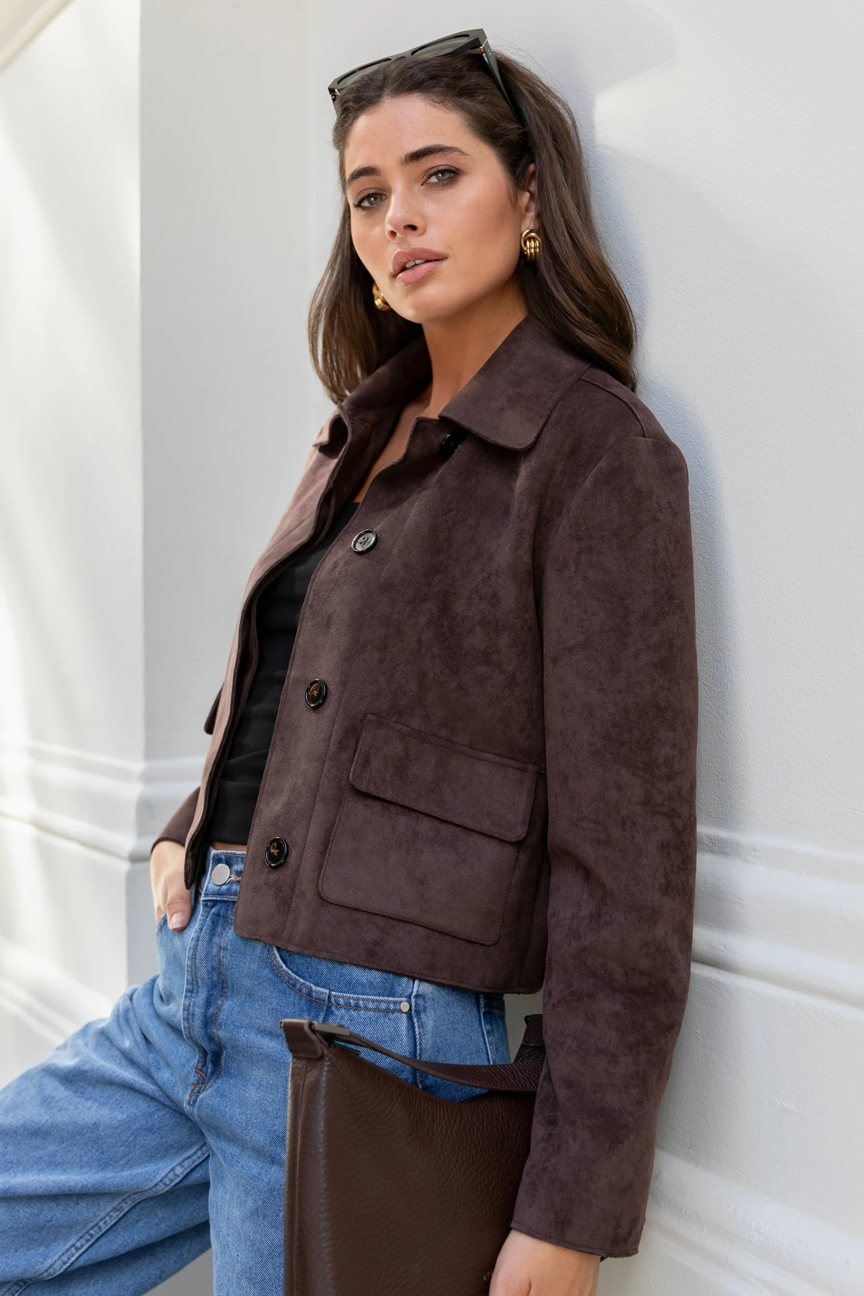 Exhibit Chocolate Faux Suede Button Front Cropped Jacket - Image 6