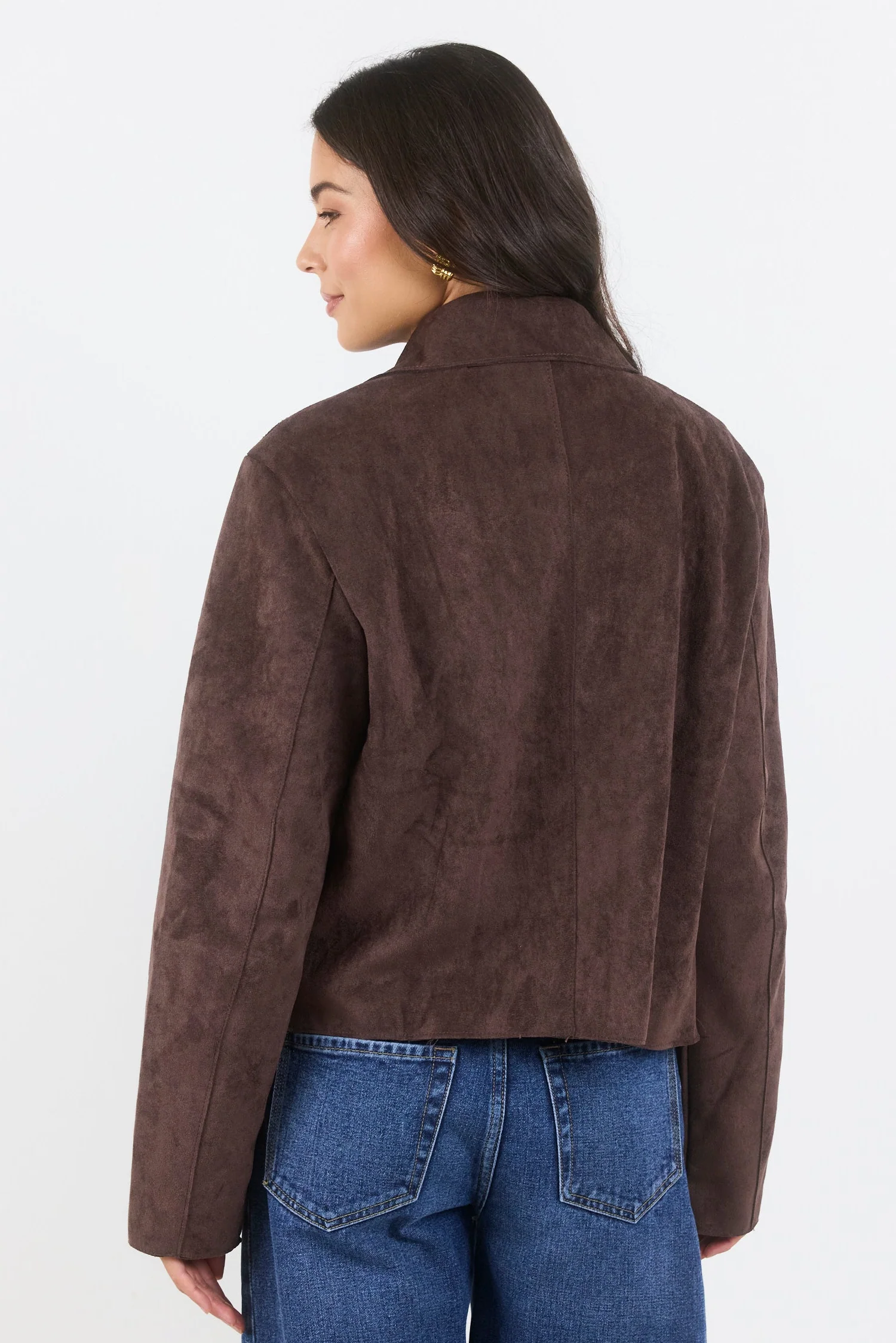Exhibit Chocolate Faux Suede Button Front Cropped Jacket - Image 7
