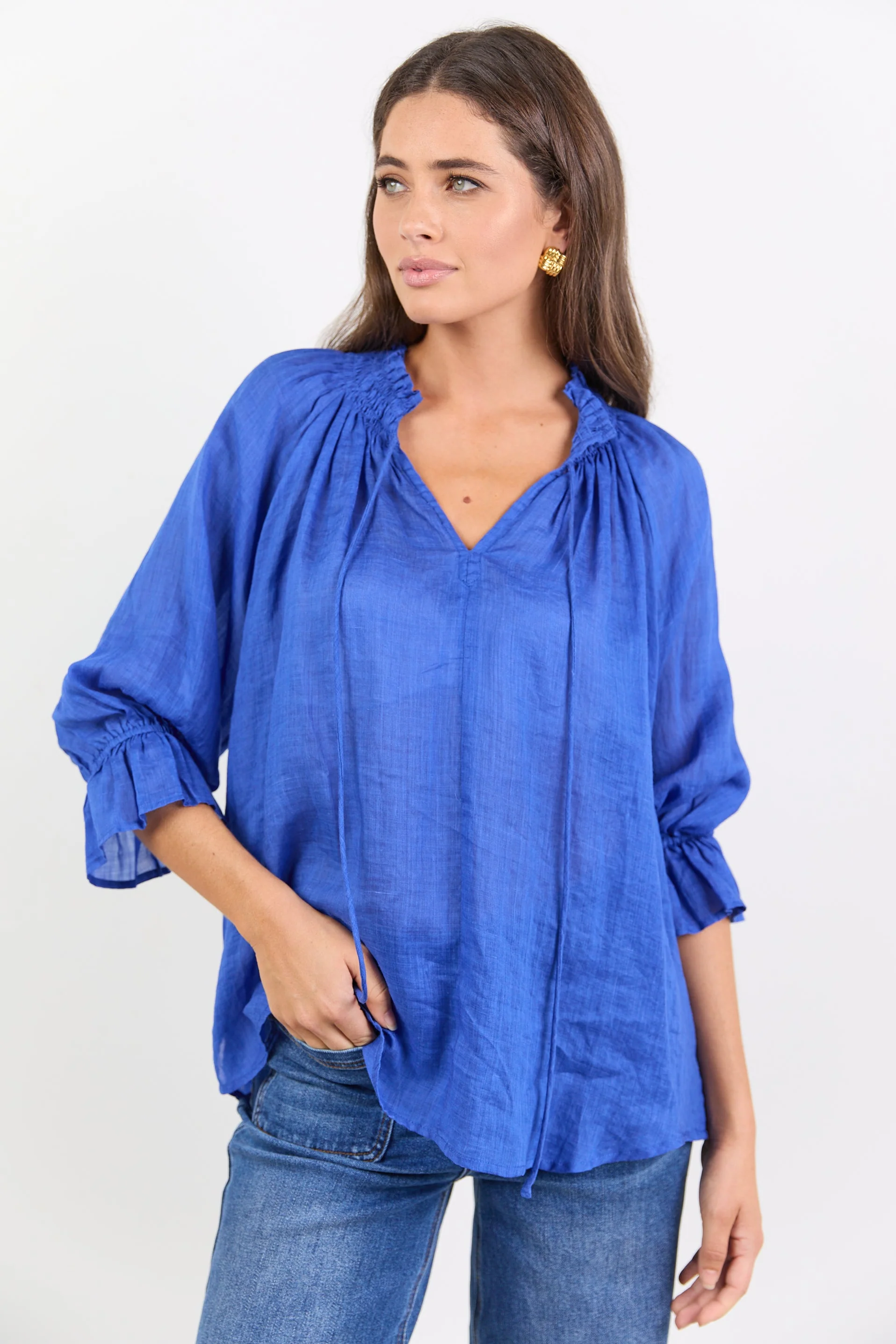 Expedition Blue Shirred Neck Short Sleeve Top - Image 3