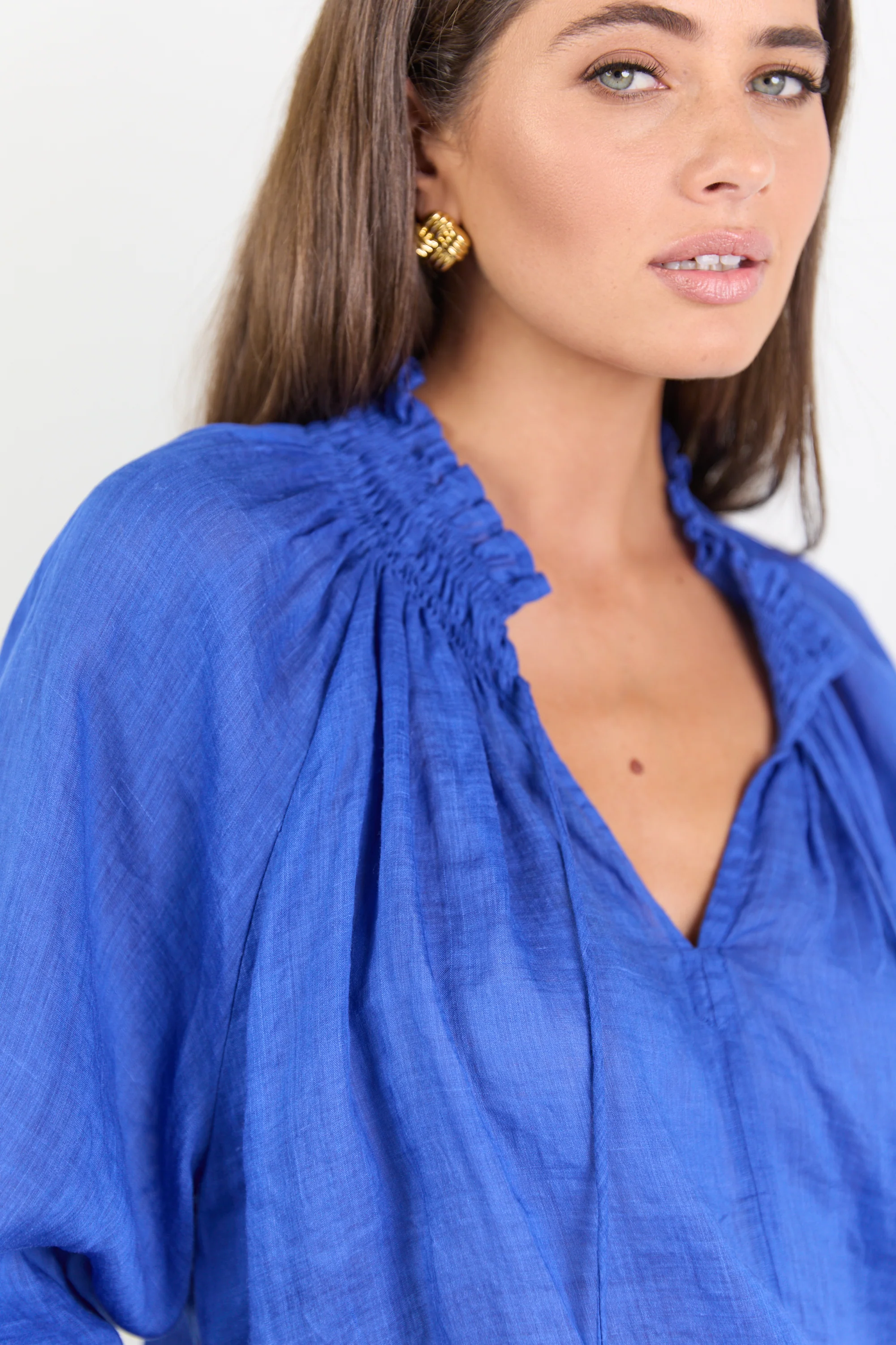 Expedition Blue Shirred Neck Short Sleeve Top - Image 6