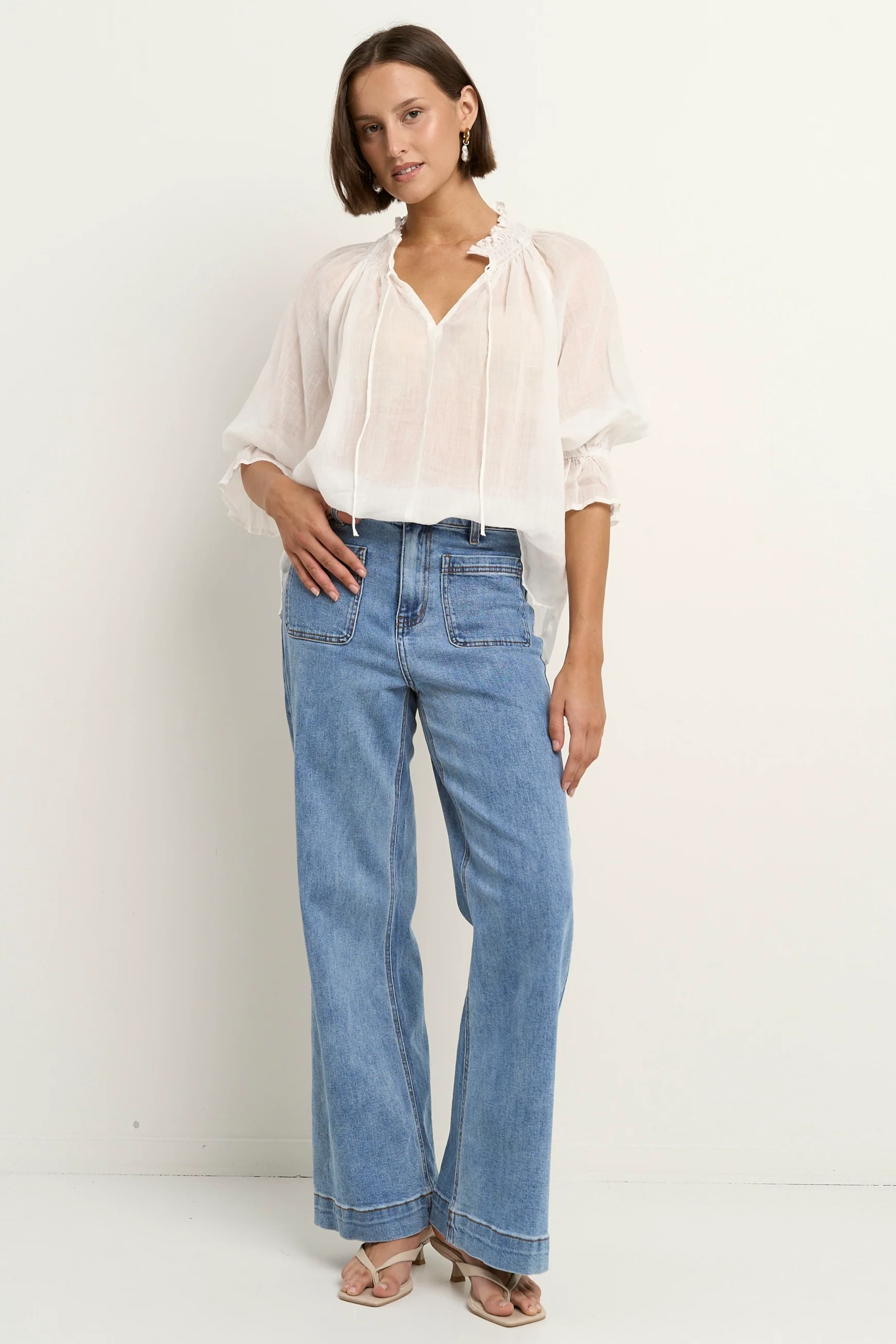 Expedition Ivory Ramie Shirred Neck Short Sleeve Top - Image 2