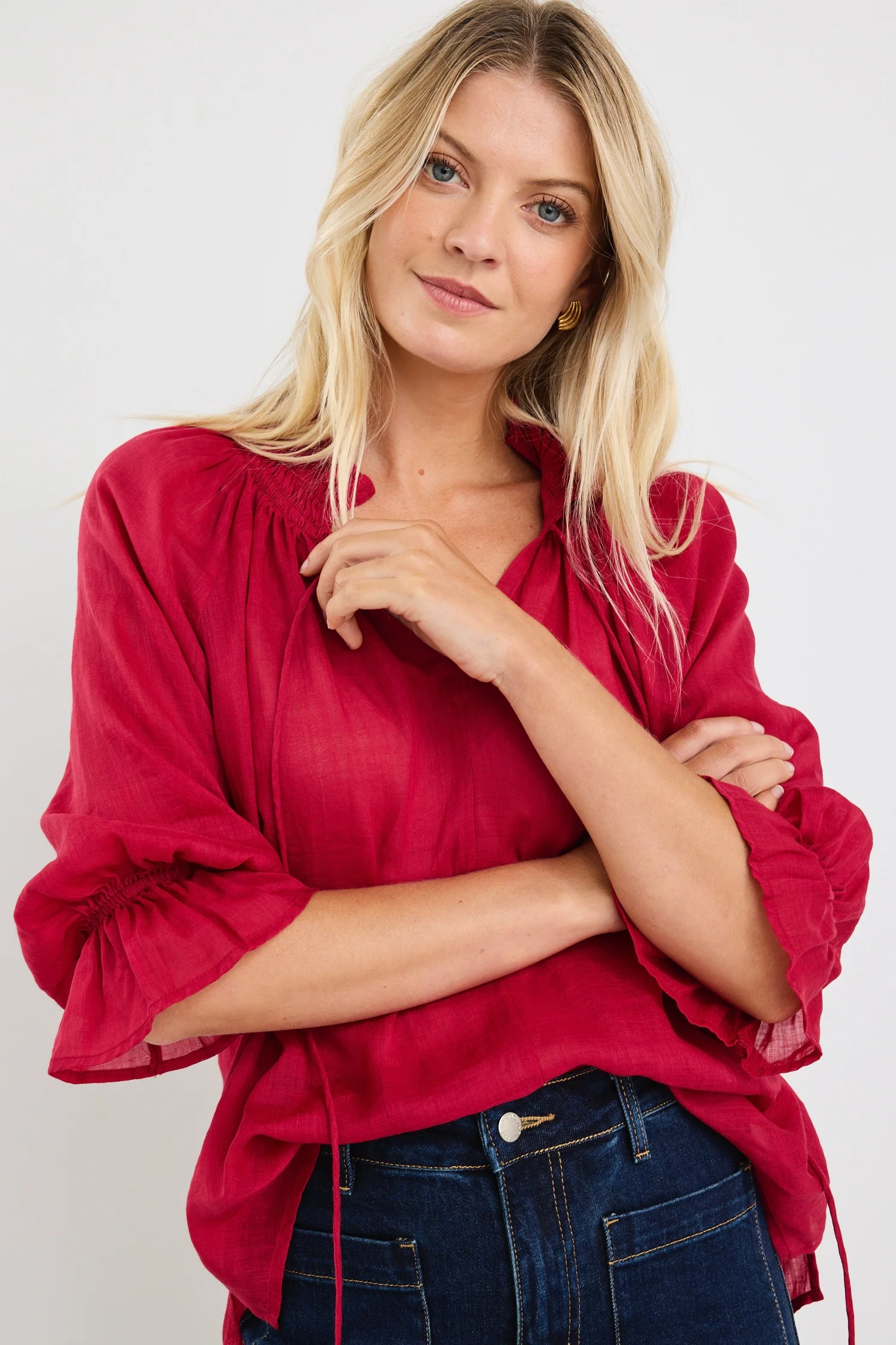Expedition Raspberry Shirred Neck Short Sleeve Top - Image 4