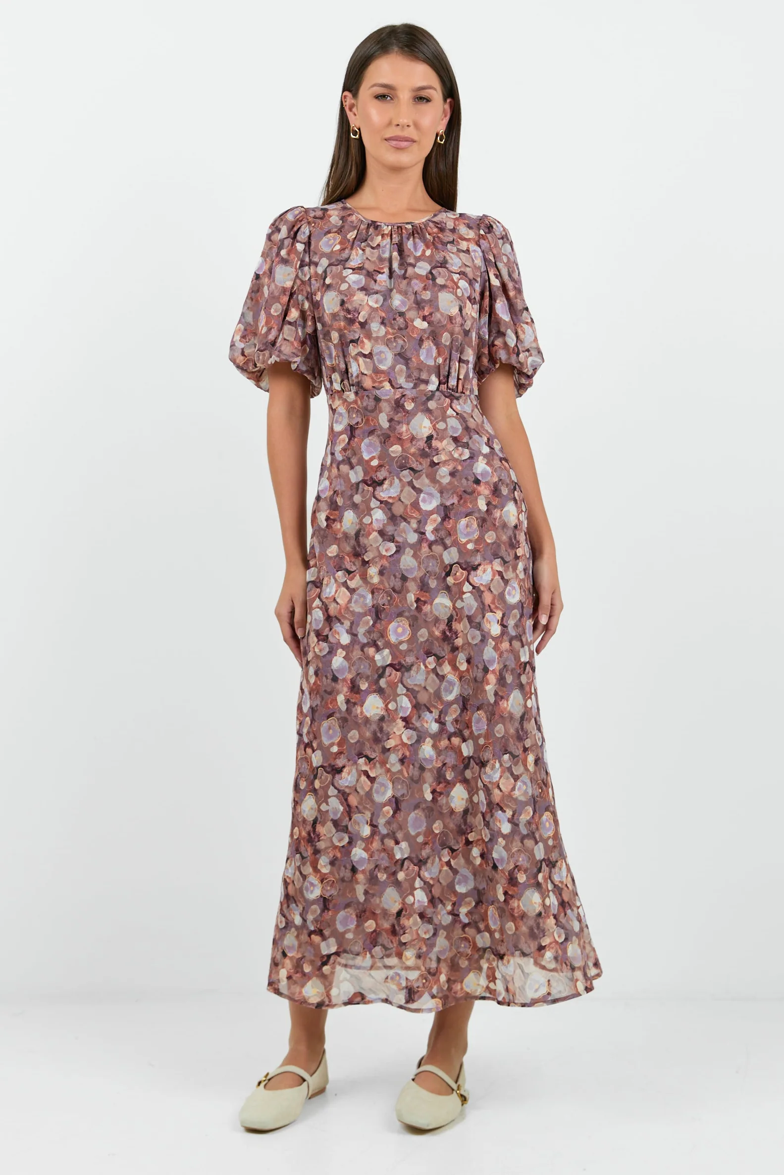 Exquisite Lilac Blush Floral Puff Sleeve Midi Dress