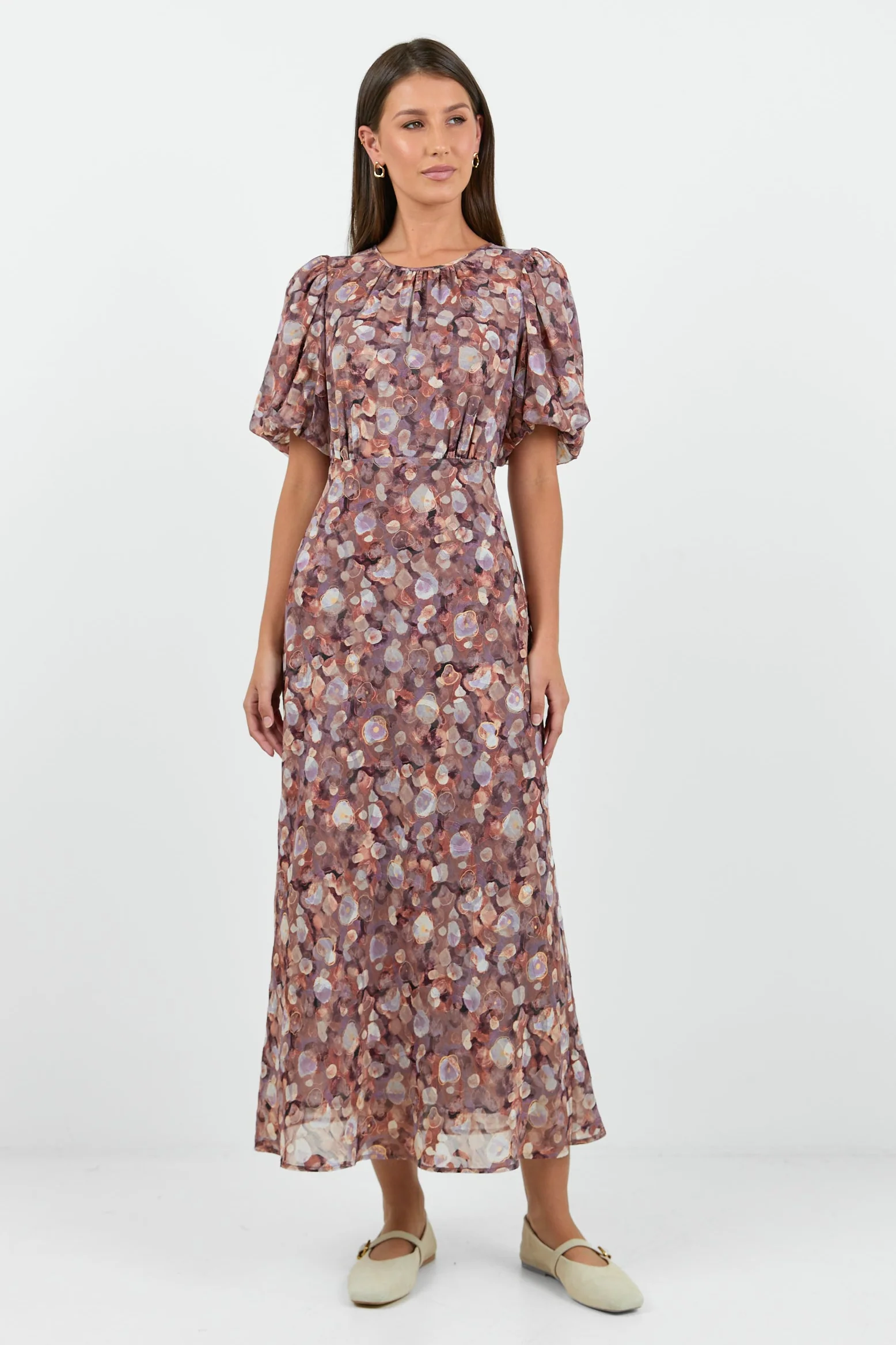 Exquisite Lilac Blush Floral Puff Sleeve Midi Dress - Image 3